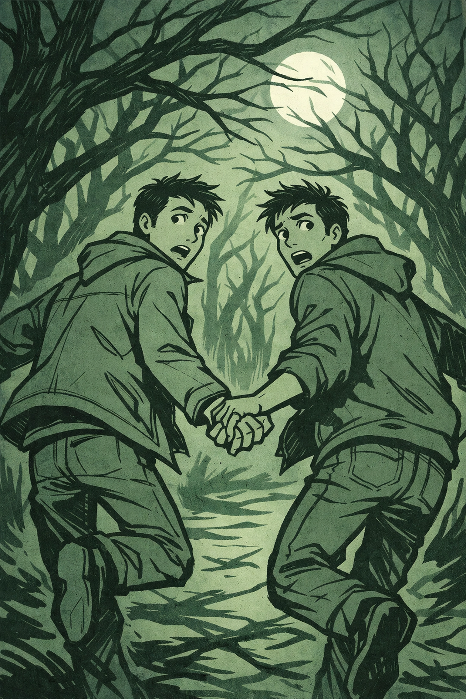 Gay couple runs hand-in-hand through moonlit forest fleeing unknown threat - LGBTQ+ slasher fiction