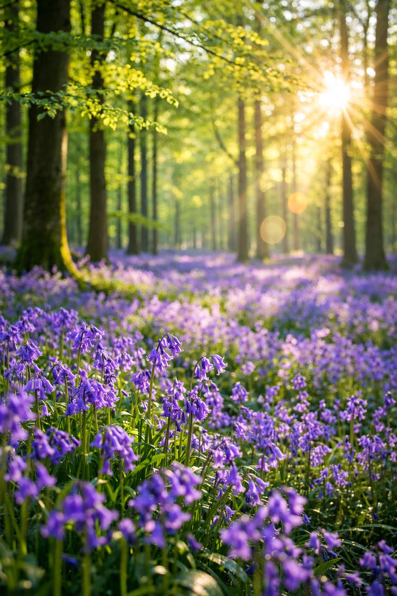 Spring forest with purple bluebells in morning light, a perfect example of timing for best photography locations.