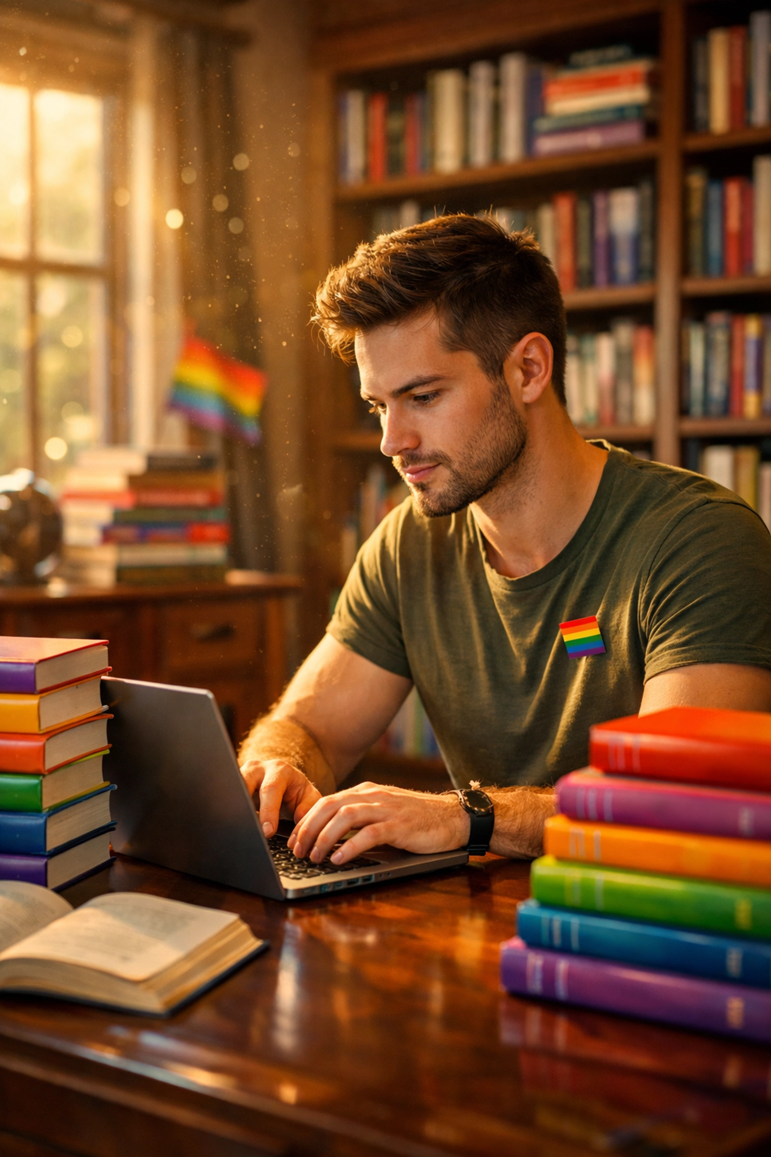 Gay man writing an MM romance book review on a laptop in a sunlit library with queer novels.