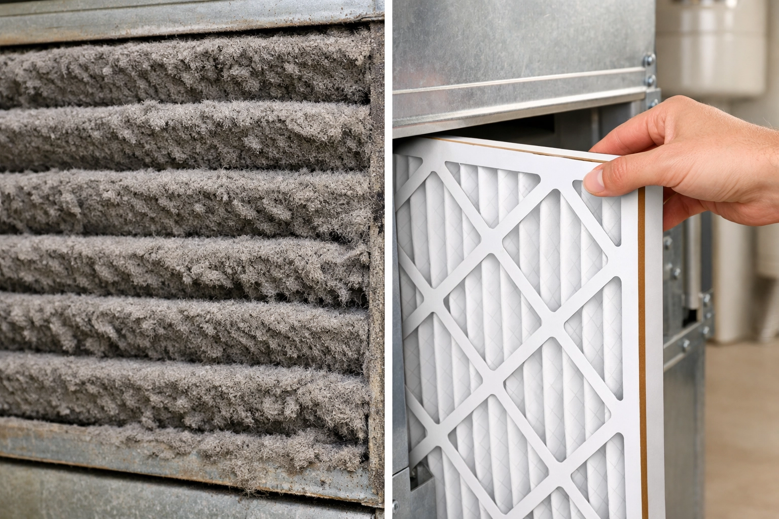 Comparing a dirty vs. clean HVAC air filter to improve home energy efficiency and air flow.