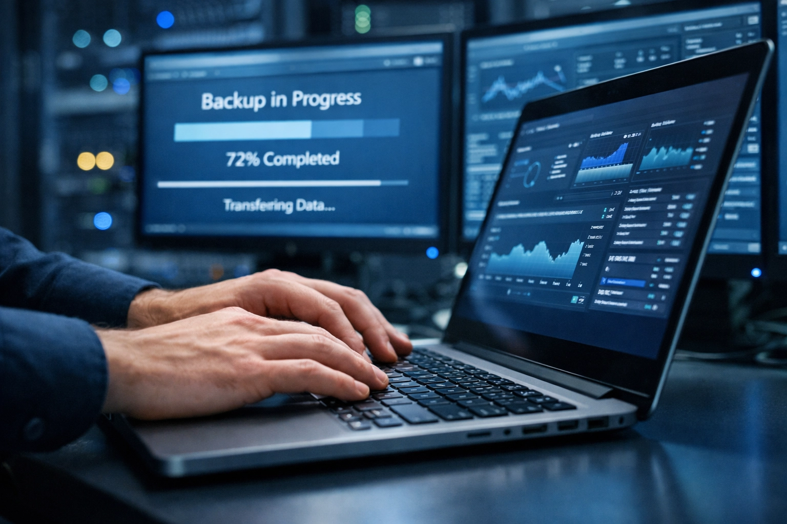 IT specialist monitoring automated backup systems and server infrastructure maintenance