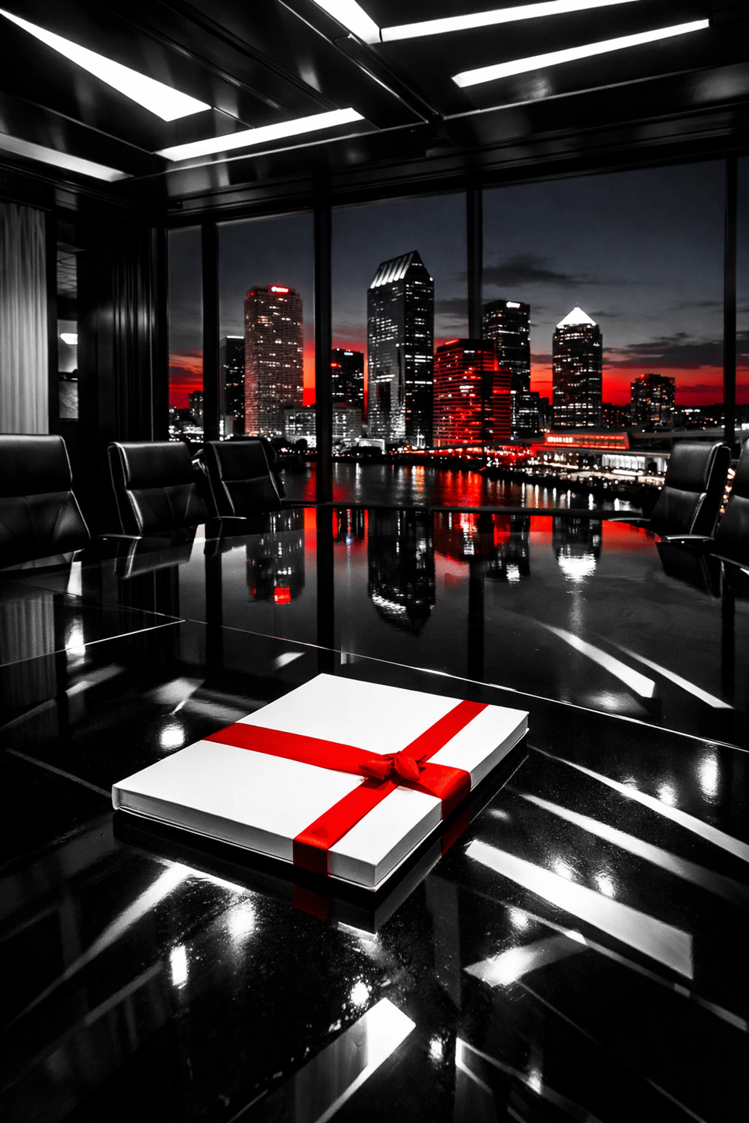 Executive boardroom overlooking Downtown Tampa skyline, symbolizing high-stakes corporate business acquisitions.