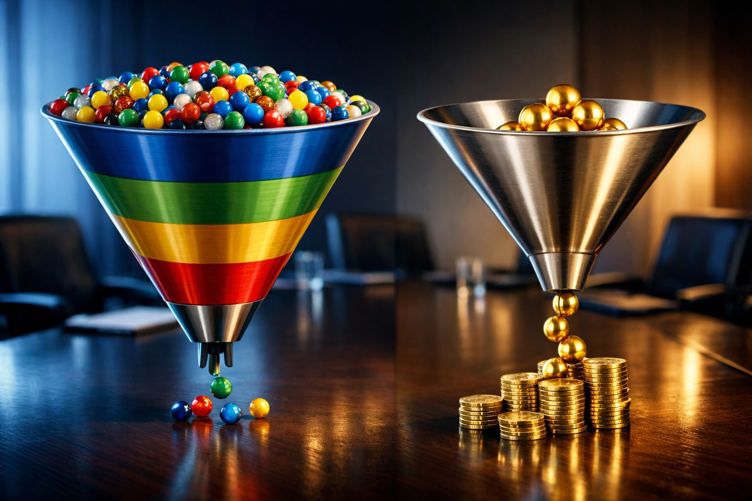 Two marketing funnels comparing mass reach versus qualified lead generation for video ROI