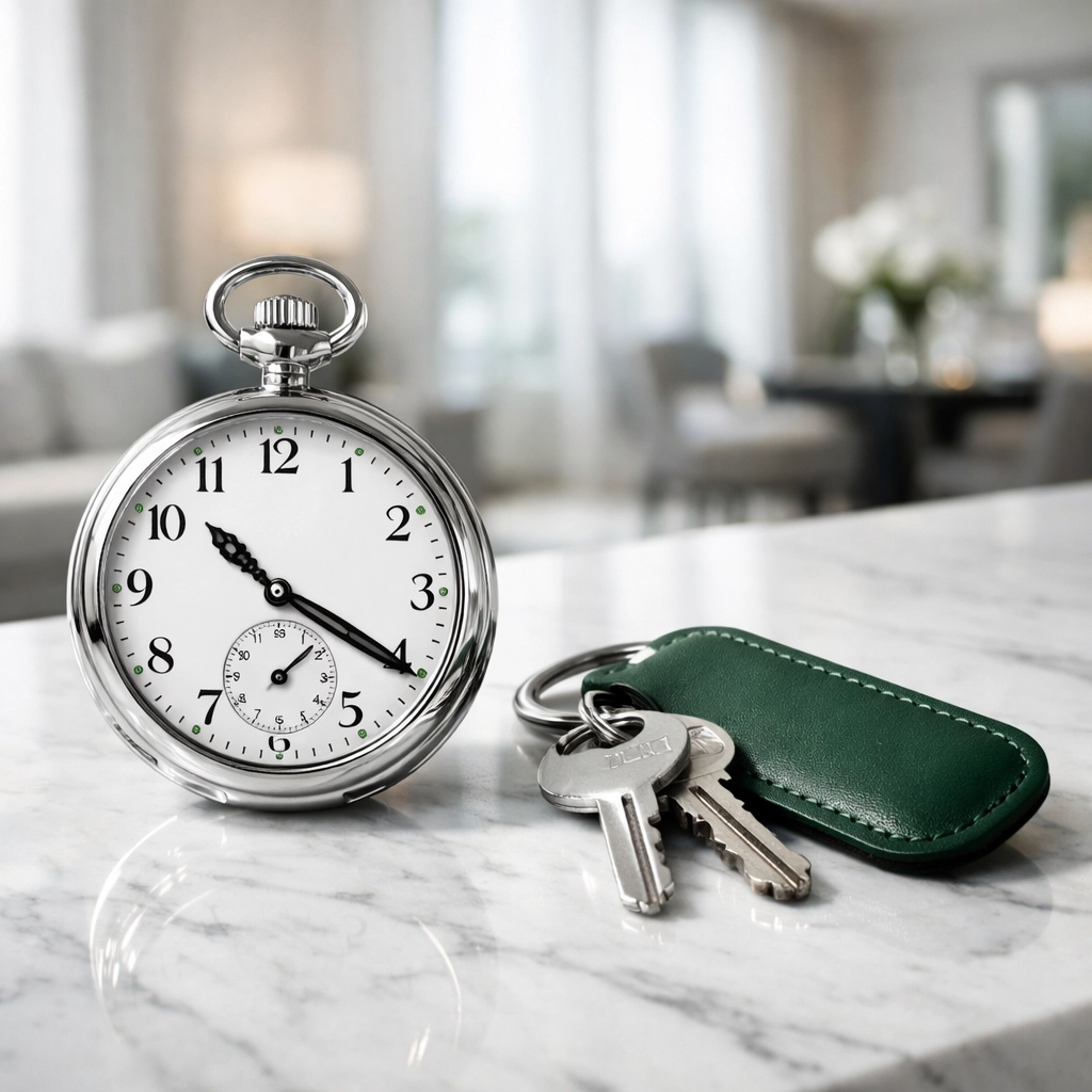A silver pocket watch and house keys representing the importance of fast hard money financing for fix and flips.