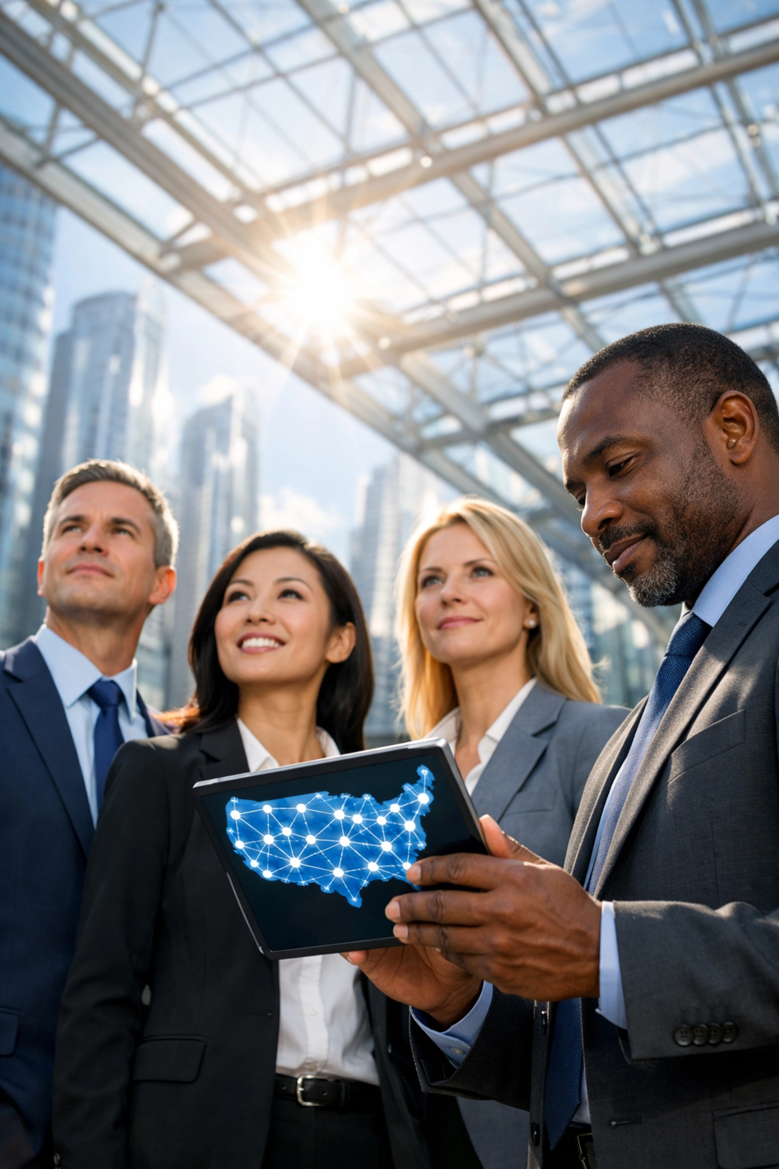 Business leaders reviewing a national workforce distribution network map in a modern corporate atrium.
