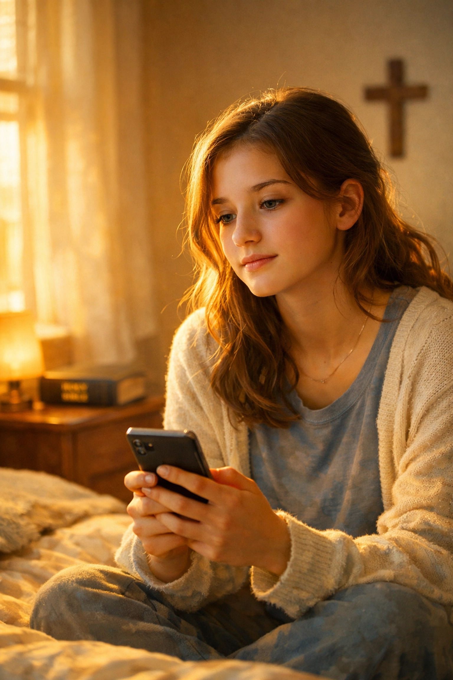Teen girl thoughtfully viewing phone with Bible on nightstand, reflecting on faith and mental health