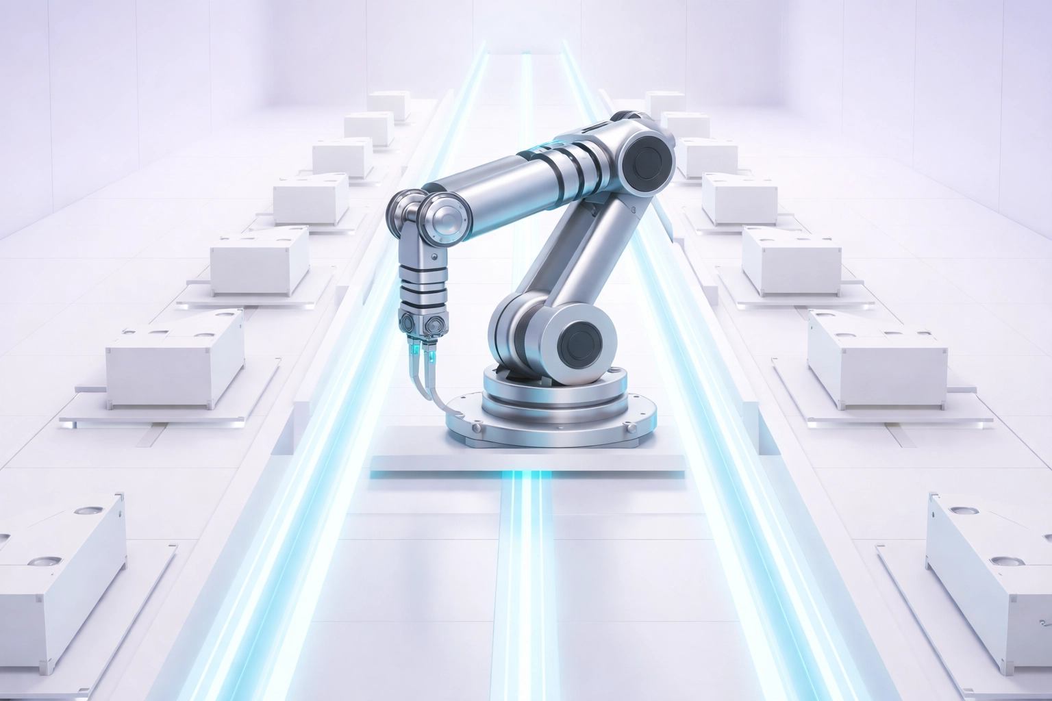 A robotic arm follows a linear path on an automated assembly line, illustrating traditional automation's rigid workflows.