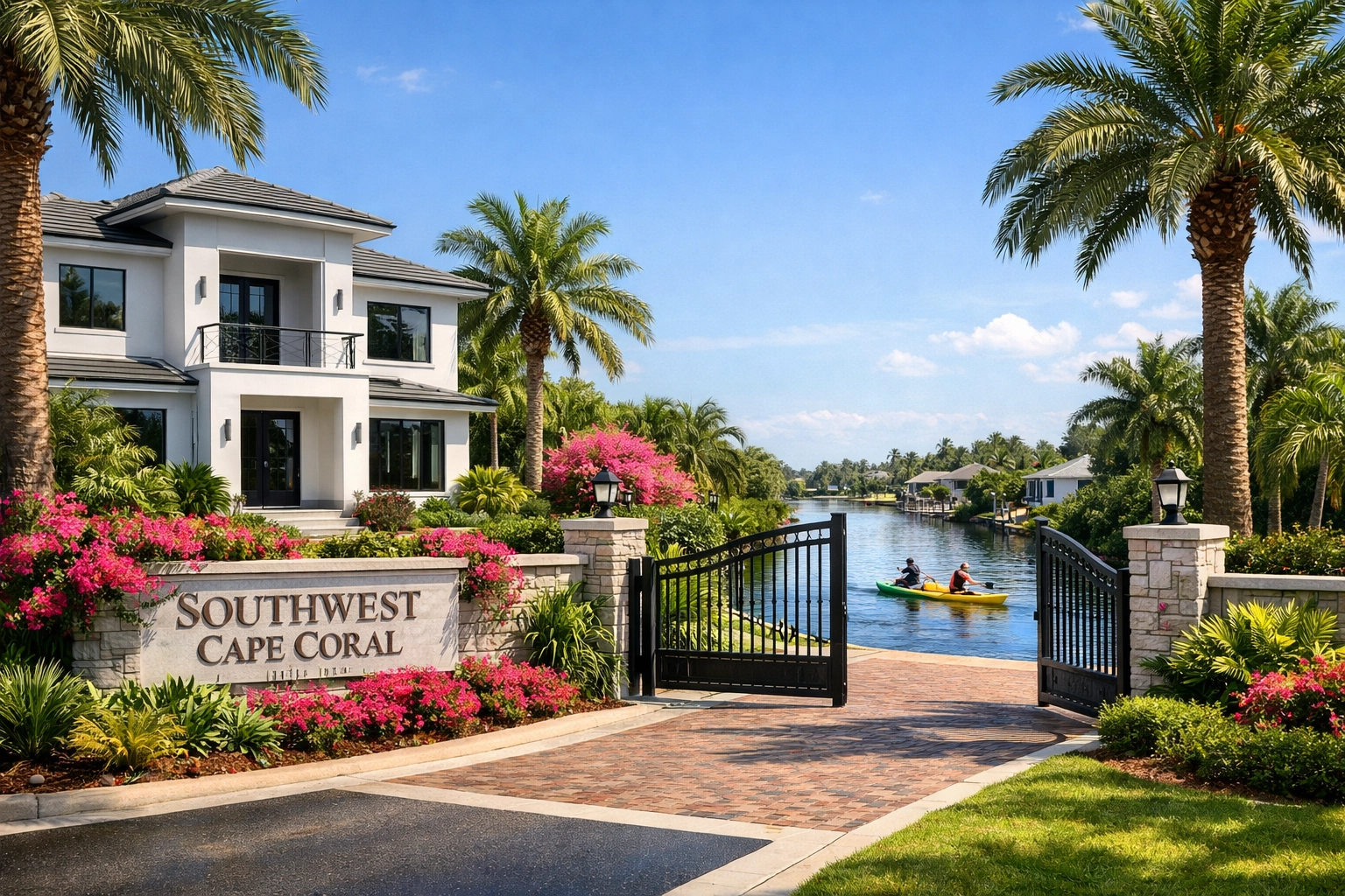 Modern home in Cape Coral gated community with tropical landscaping and freshwater canal