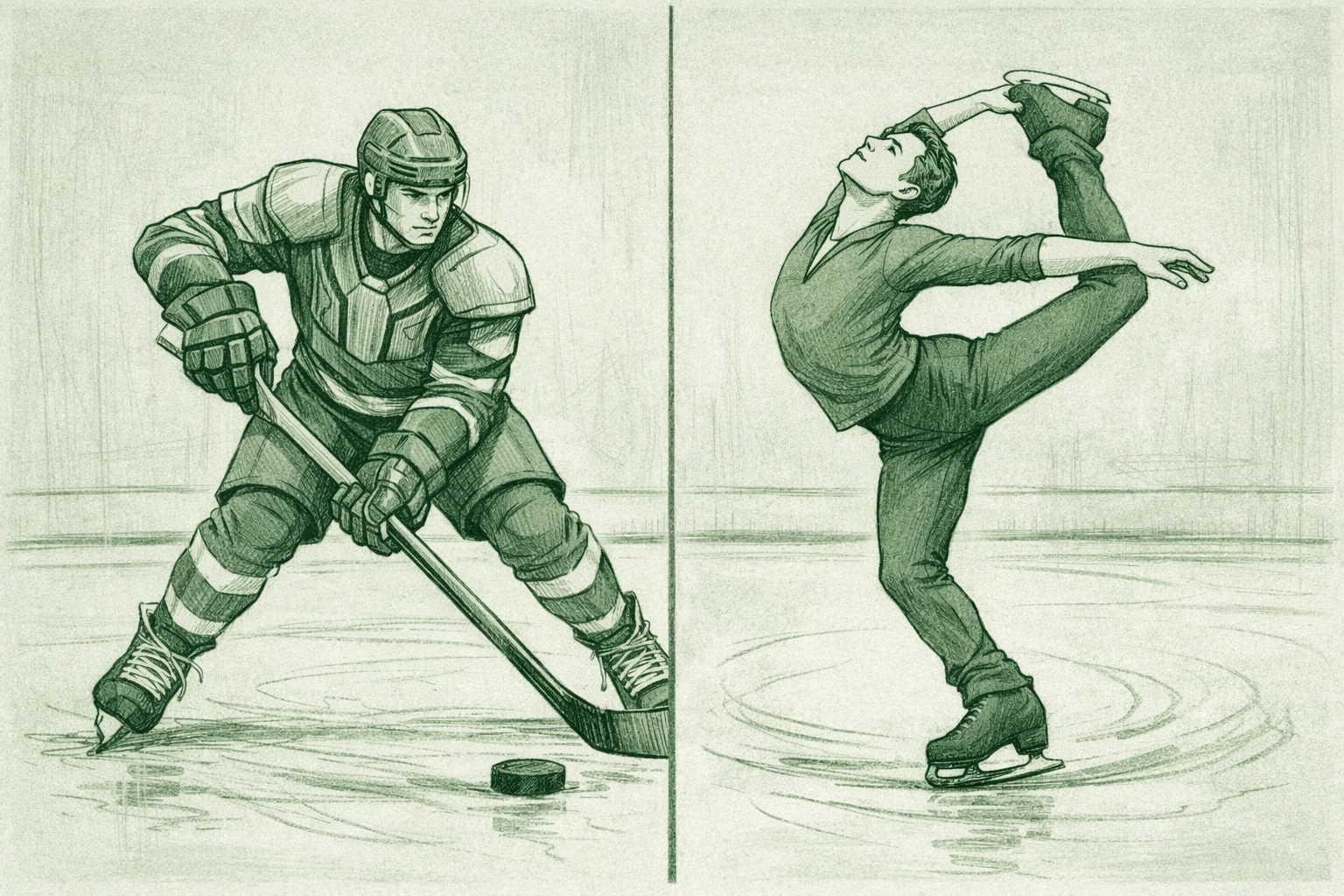 Split image showing athlete as both hockey enforcer and figure skater