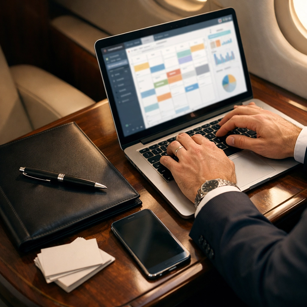 NEWSLETTER Business executive planning follow-up strategy on laptop during first-class flight