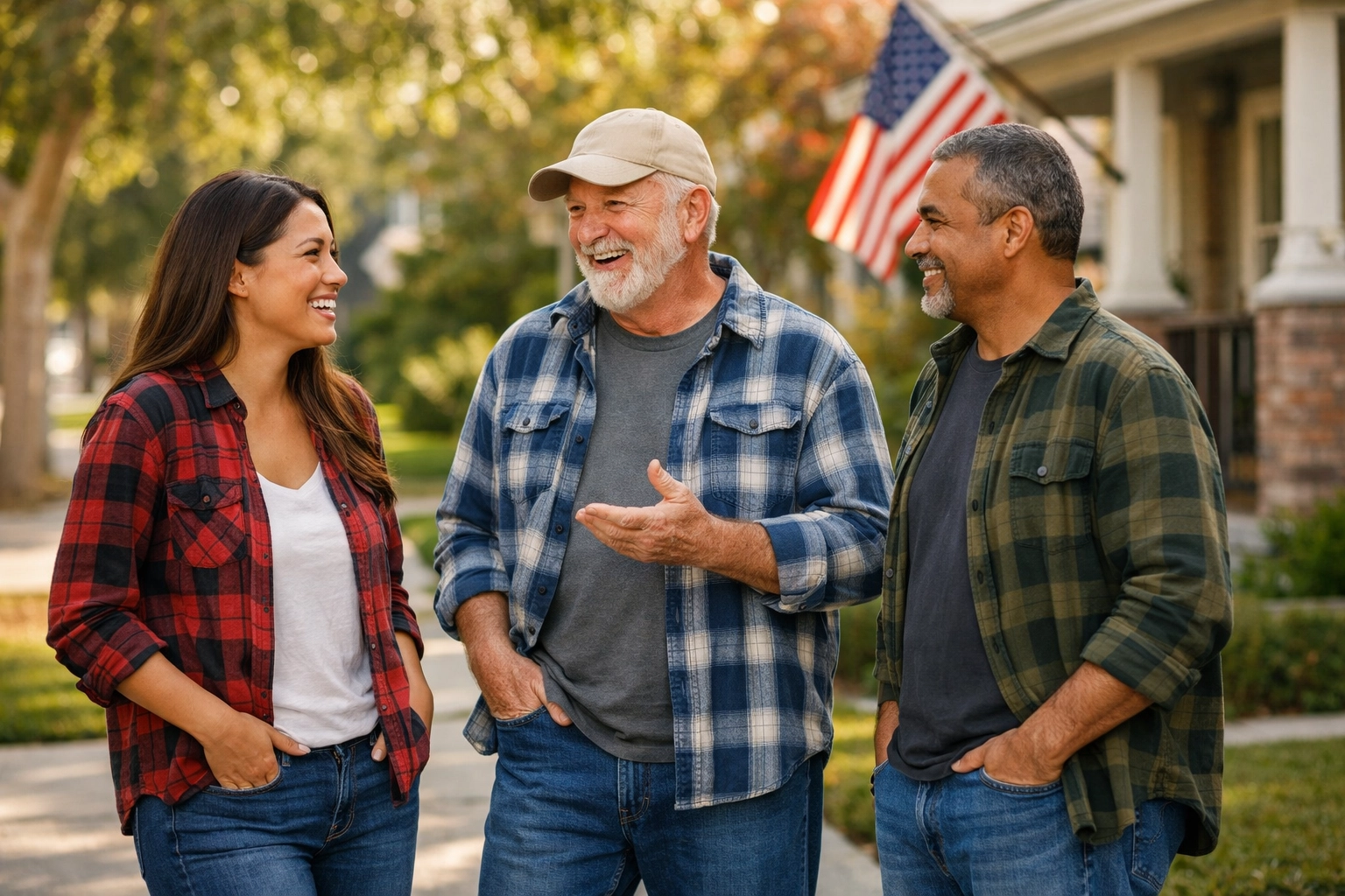 Civic Values Matter: Why I Share a Personal Message with You Every Single Day Diverse neighbors engaging in a civil discussion about community unity in a patriotic neighborhood.
