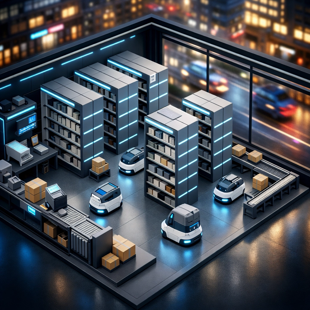 Urban micro-fulfillment center with automated robots for fast last-mile delivery.