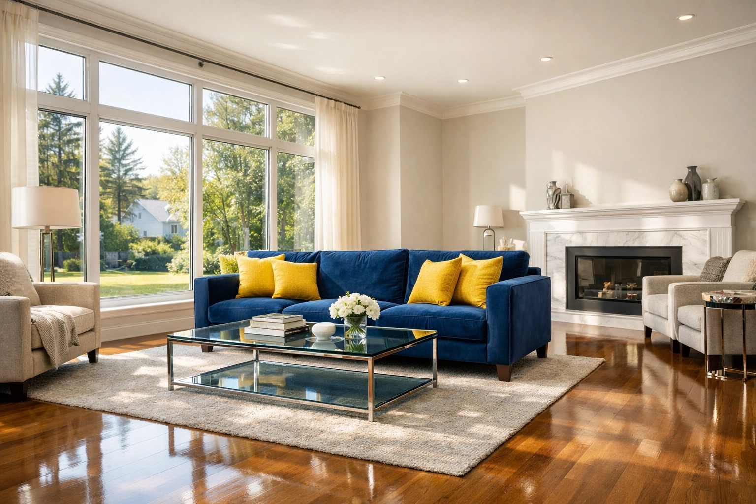 Dust-free living room in a Massachusetts home following professional post-construction cleaning.