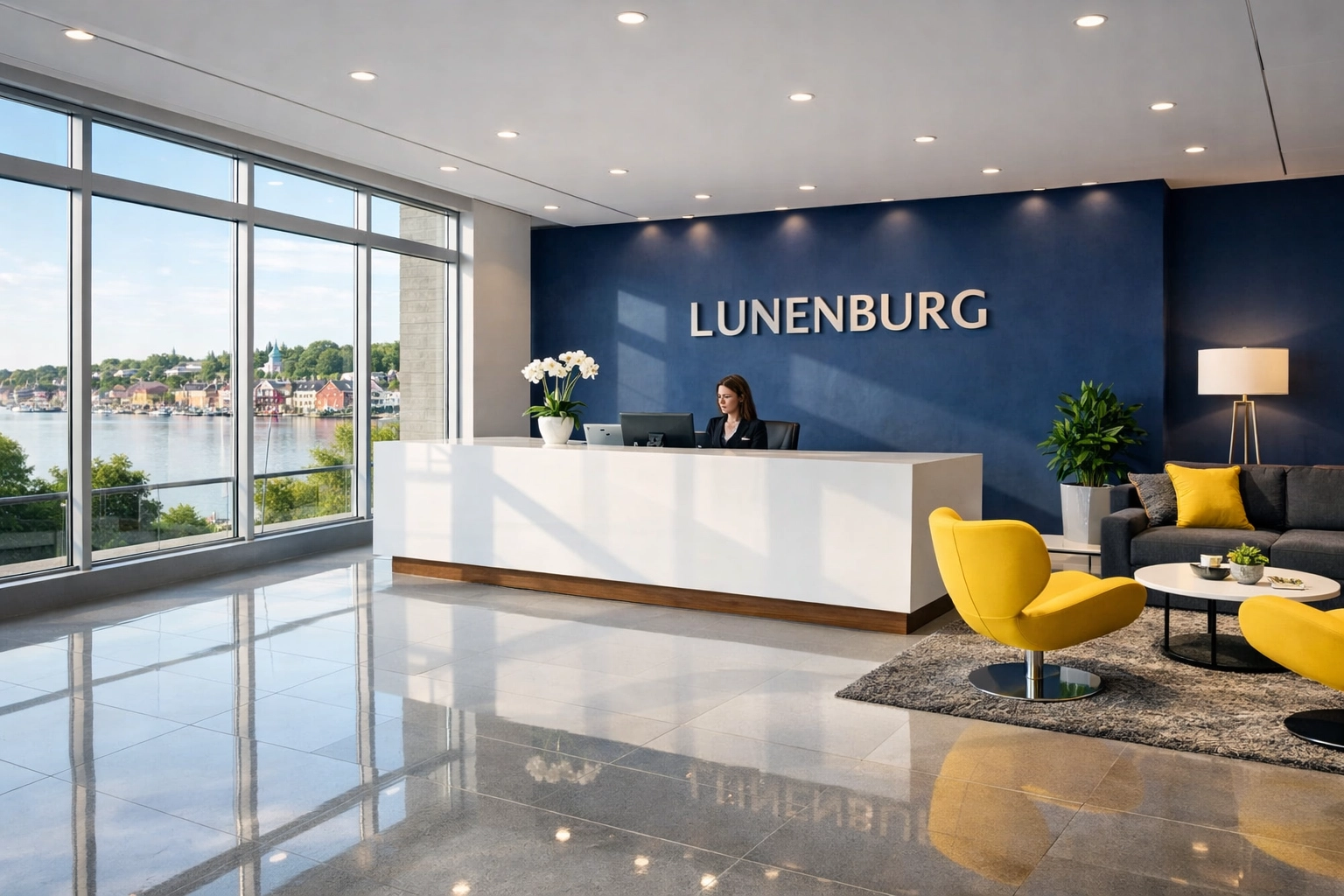 Spotless office reception area showing expert commercial cleaning services in Lunenburg, MA.