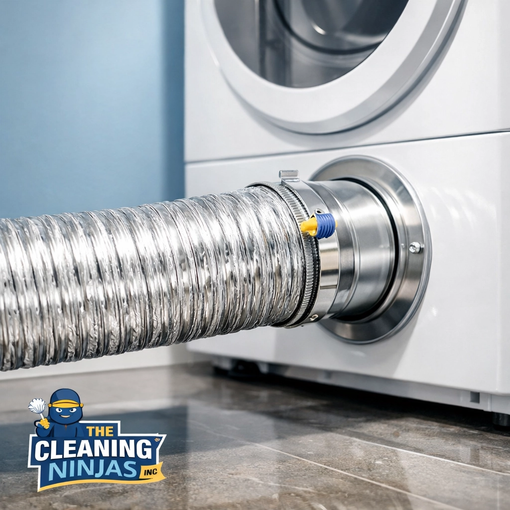 A clean dryer exhaust vent hose installed properly to ensure fire safety and efficient air flow.