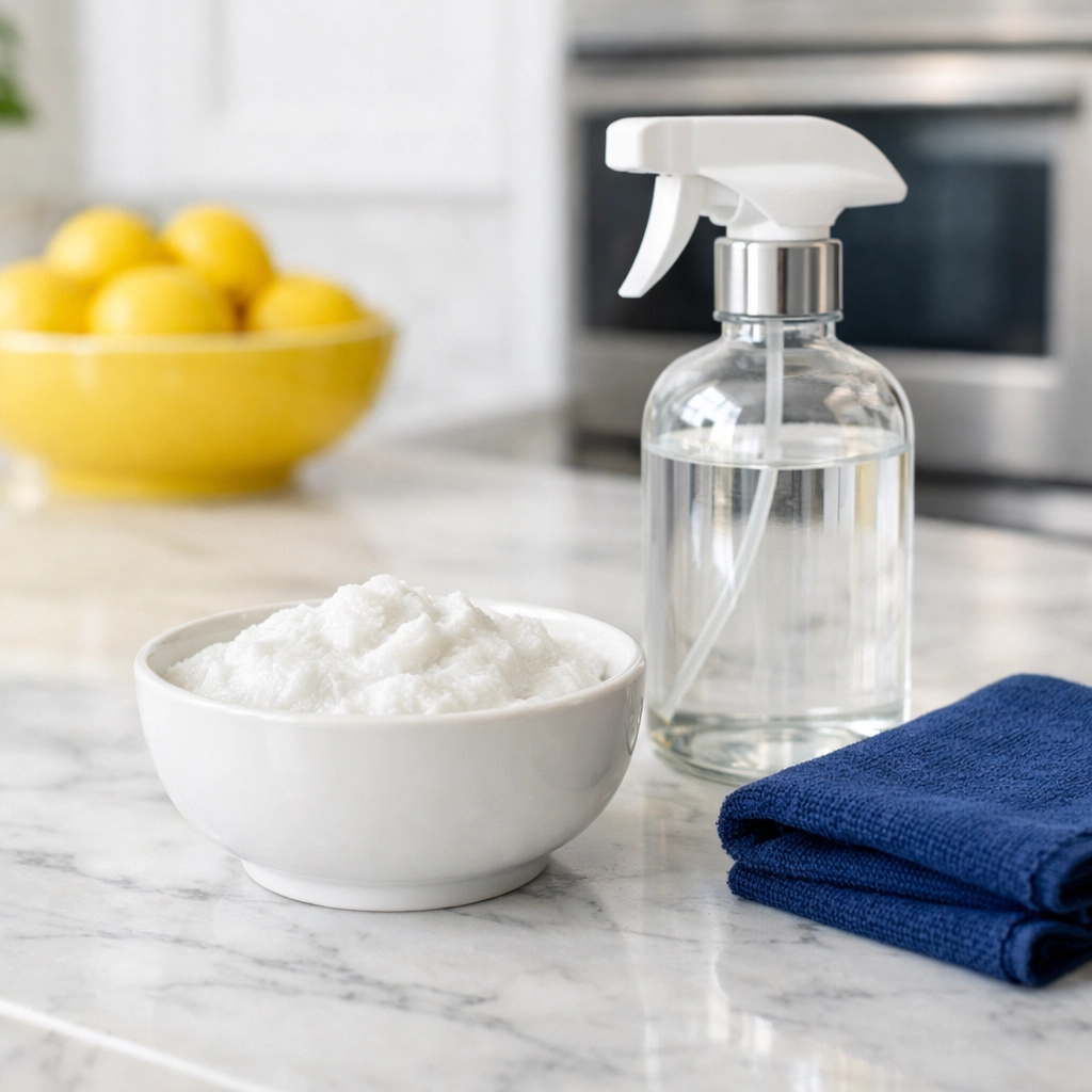 Baking soda cleaning paste and cloth on a counter for cleaning oven glass during weekly house cleaning.