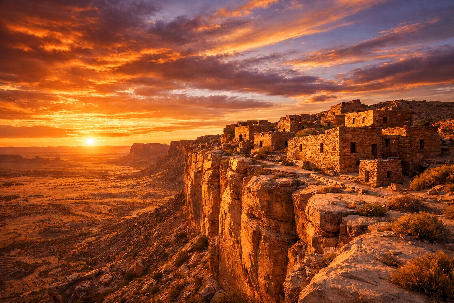 Ancient Hopi Mesas stone dwellings perched on sandstone cliffs in Northern Arizona at sunset.