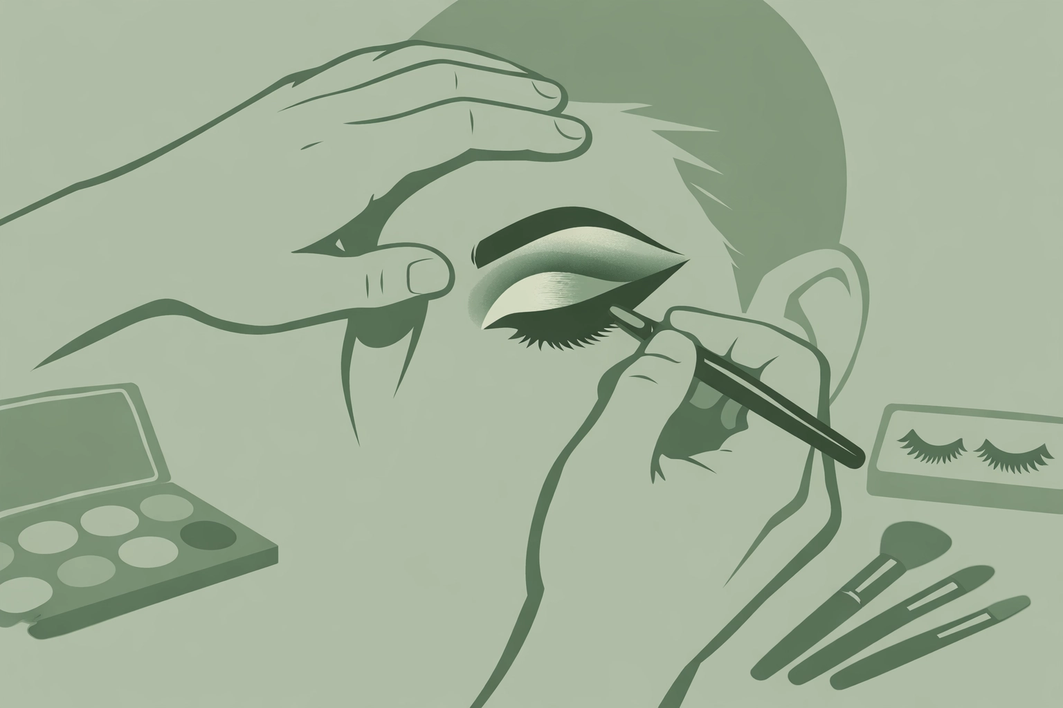 Hands applying dramatic stage makeup for drag performance, preparing for transformation with precision and care