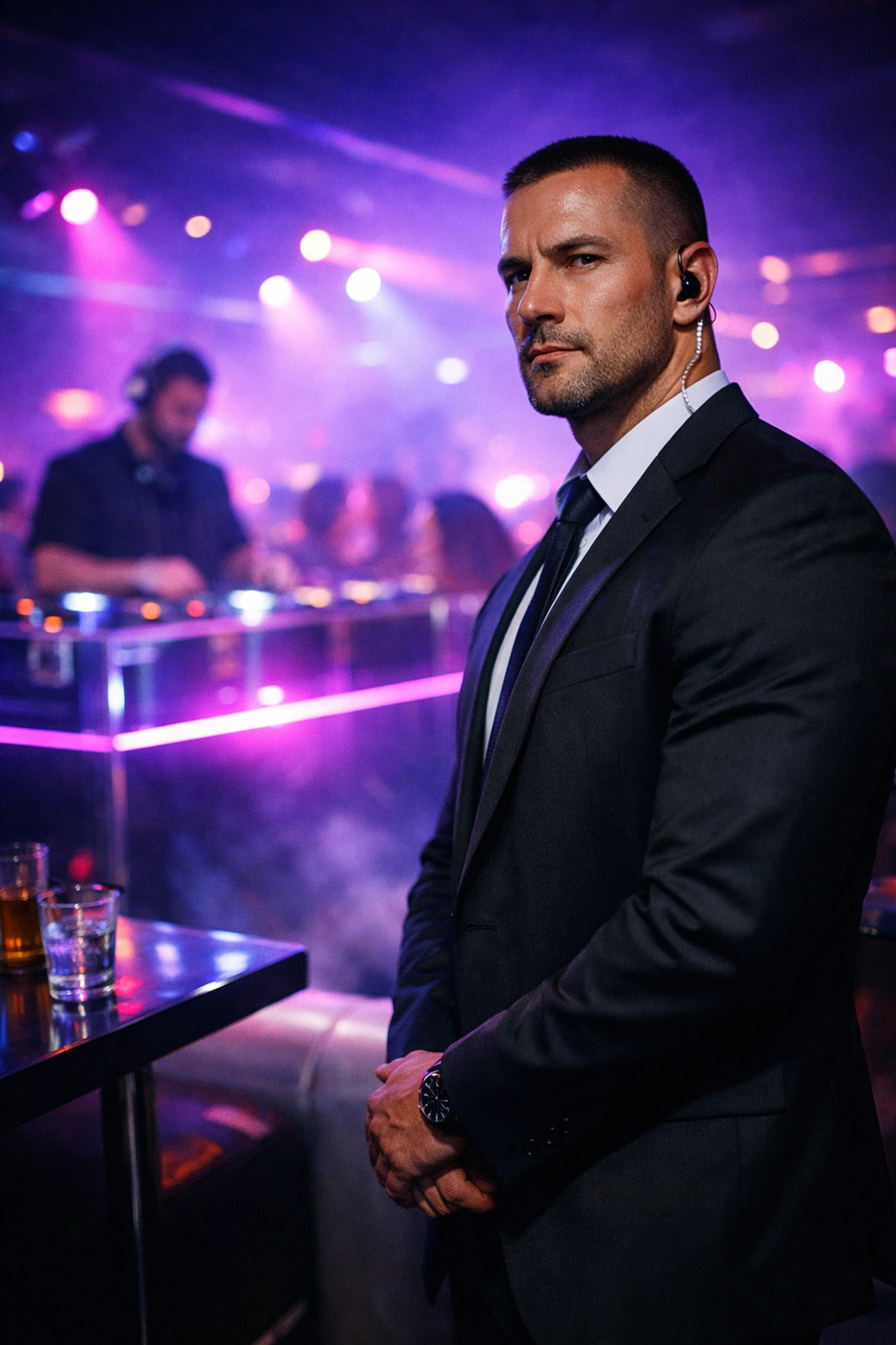 Professional executive protection by 911 Medellin for DJs and artists in a high-end nightclub VIP lounge.