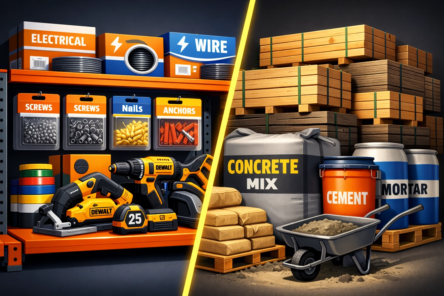 Comparison of unopened construction supplies and bulk lumber materials for resale