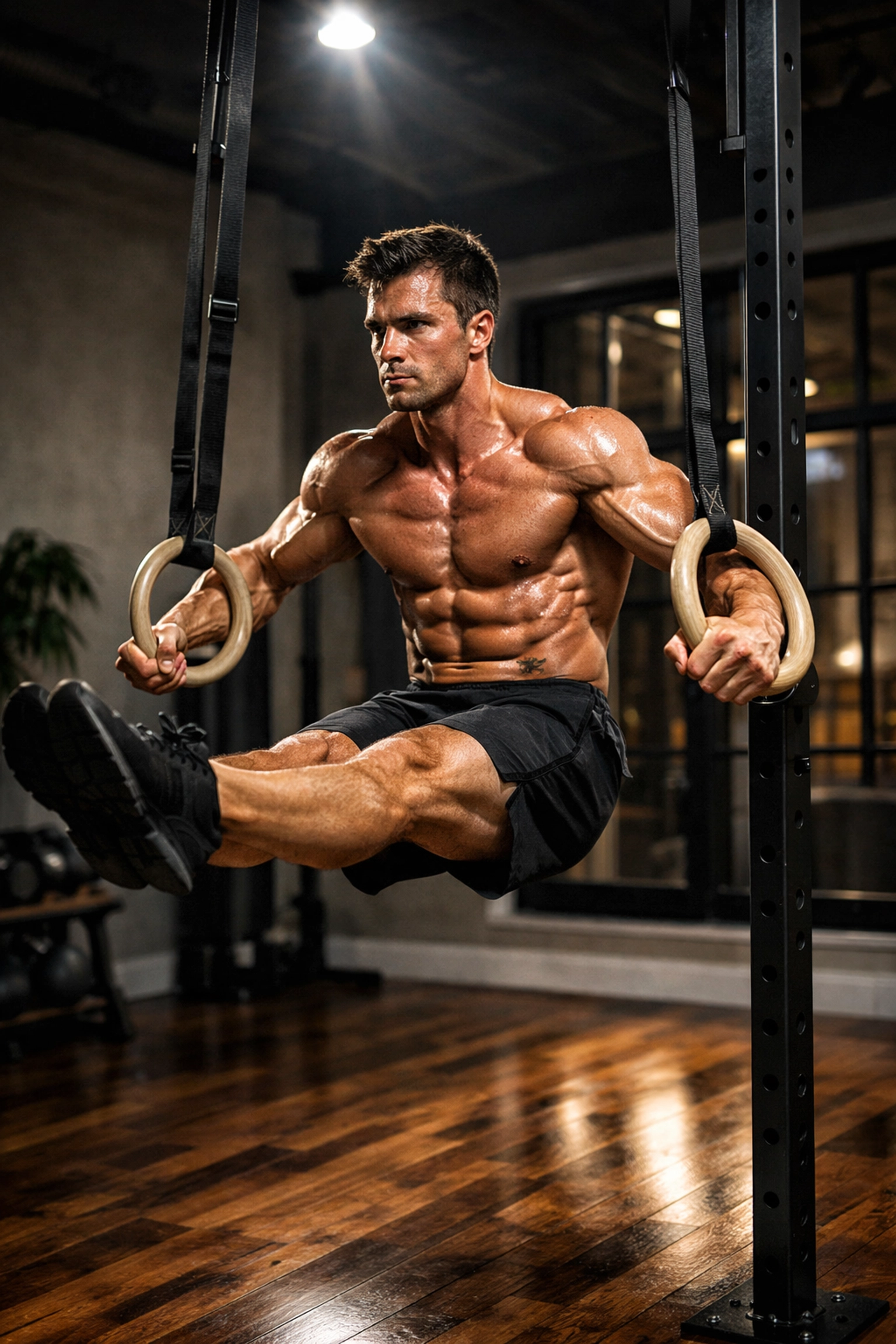 Athlete performing ring exercises on a stable calisthenics equipment setup for home workouts.