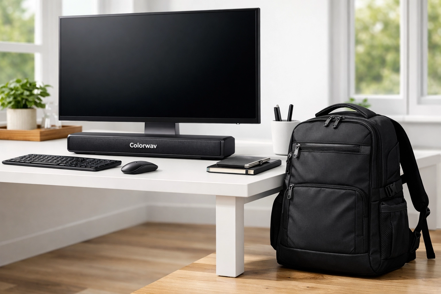 High-impact branded merchandise like a tech backpack and soundbar in a professional office setting.