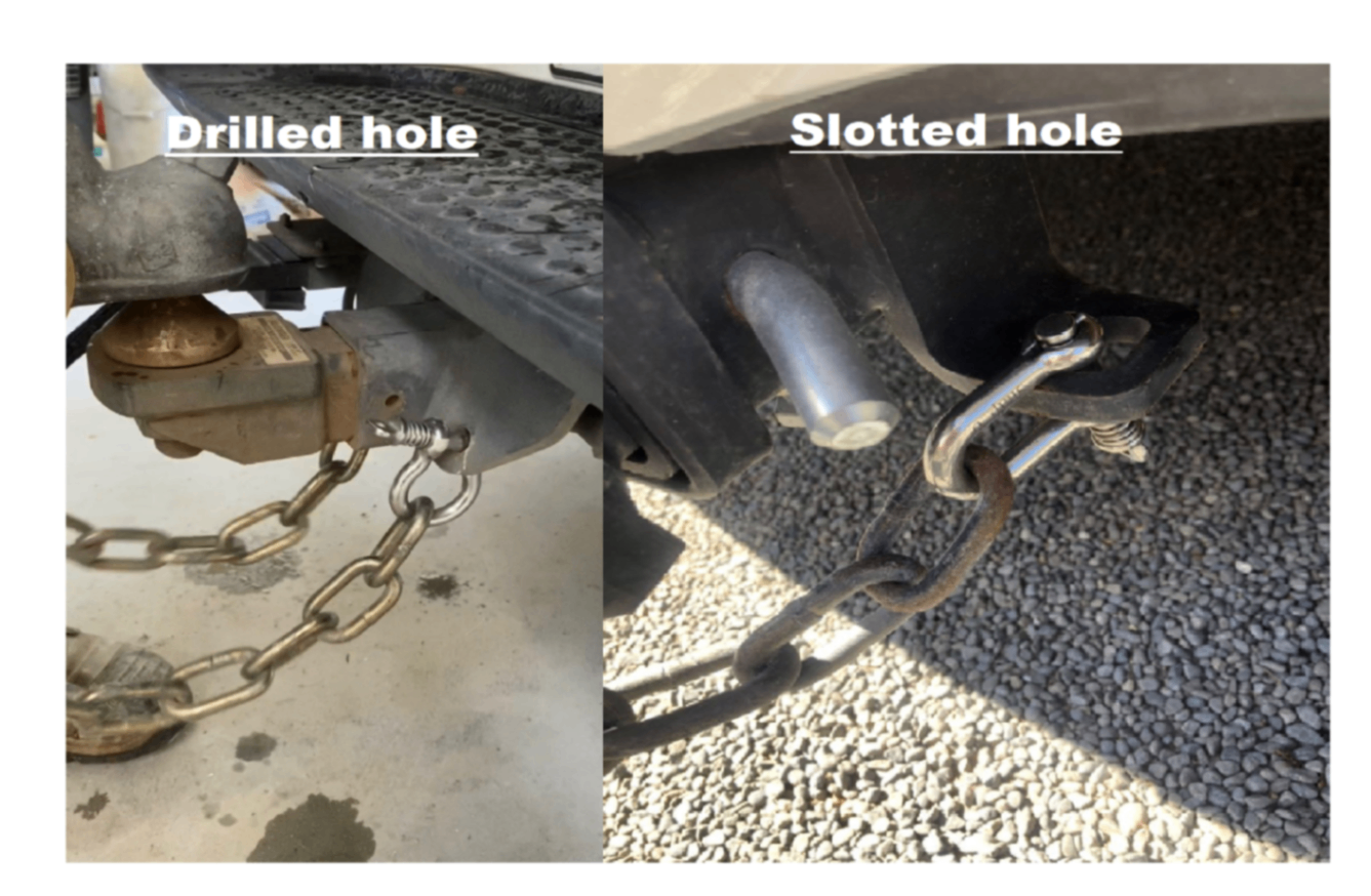 Side-by-side comparison of trailer chain attachment