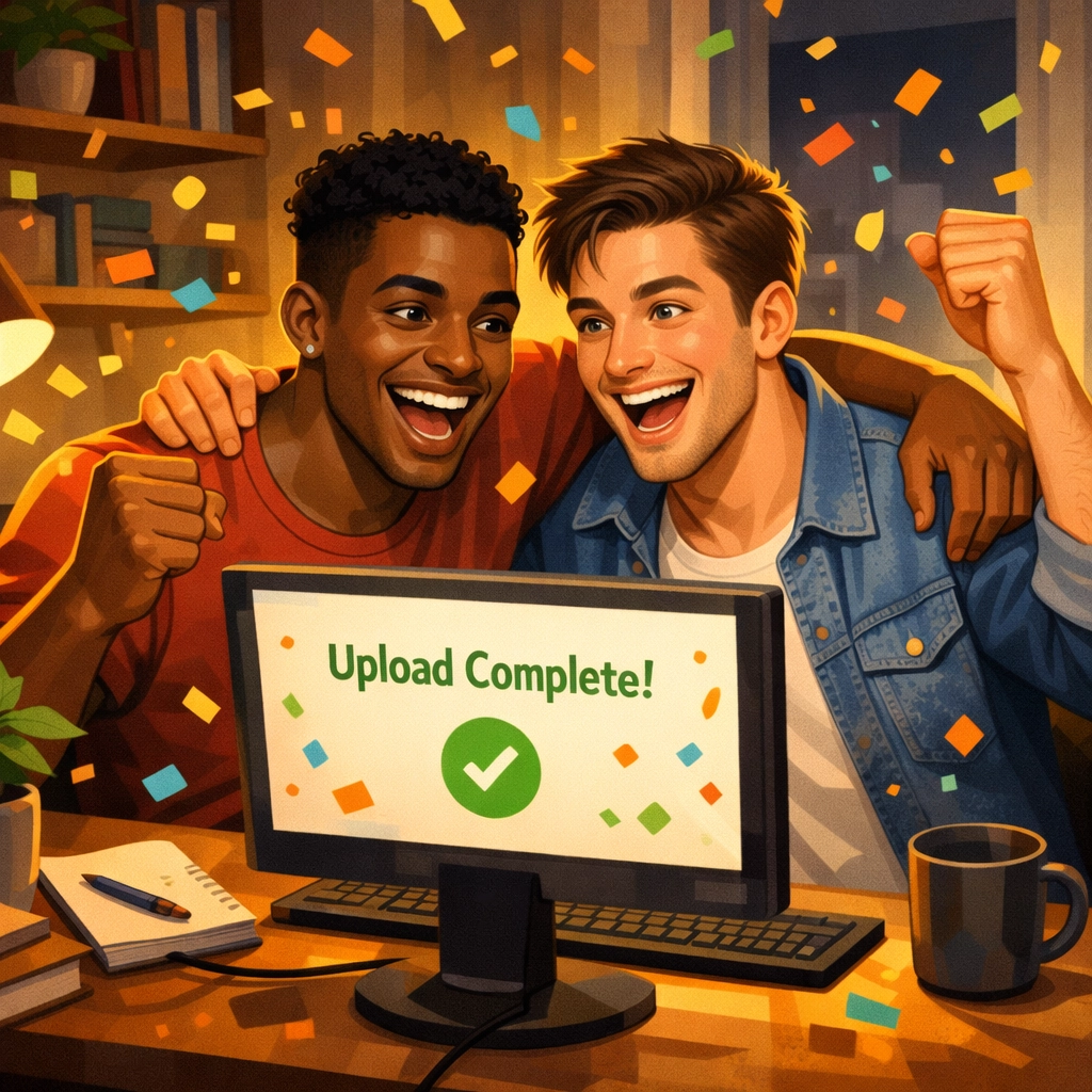 Gay romance authors celebrating successful manuscript upload on publishing platform