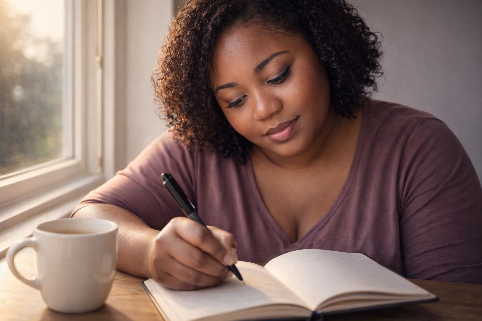 Woman journaling by window visualizing positive outcomes to build self-trust