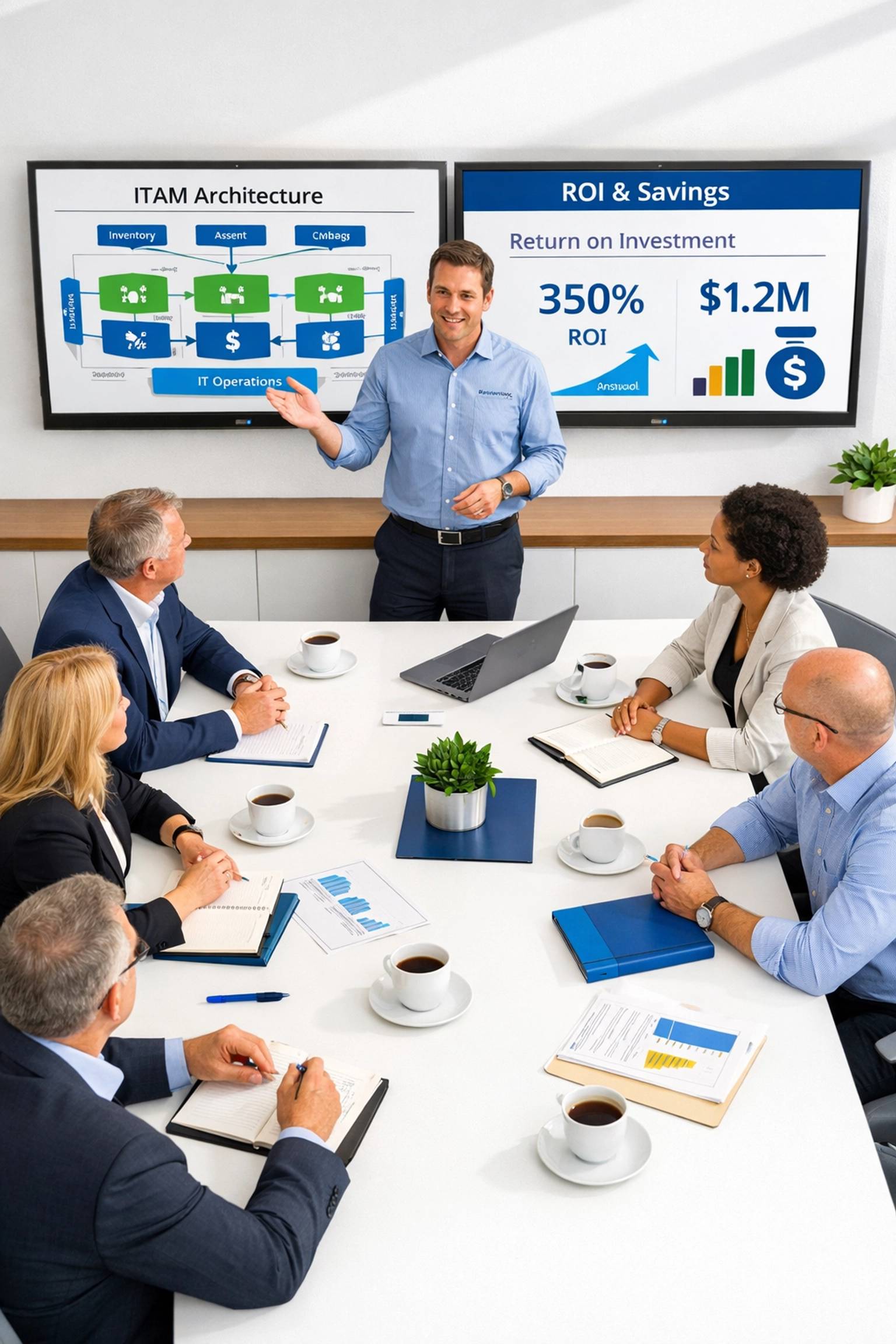 ServiceNow consultant presenting ITAM ROI analysis and architecture to executives