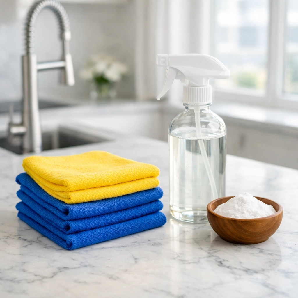 Eco-friendly cleaning supplies on a kitchen counter for Apartment Cleaning Boston services.