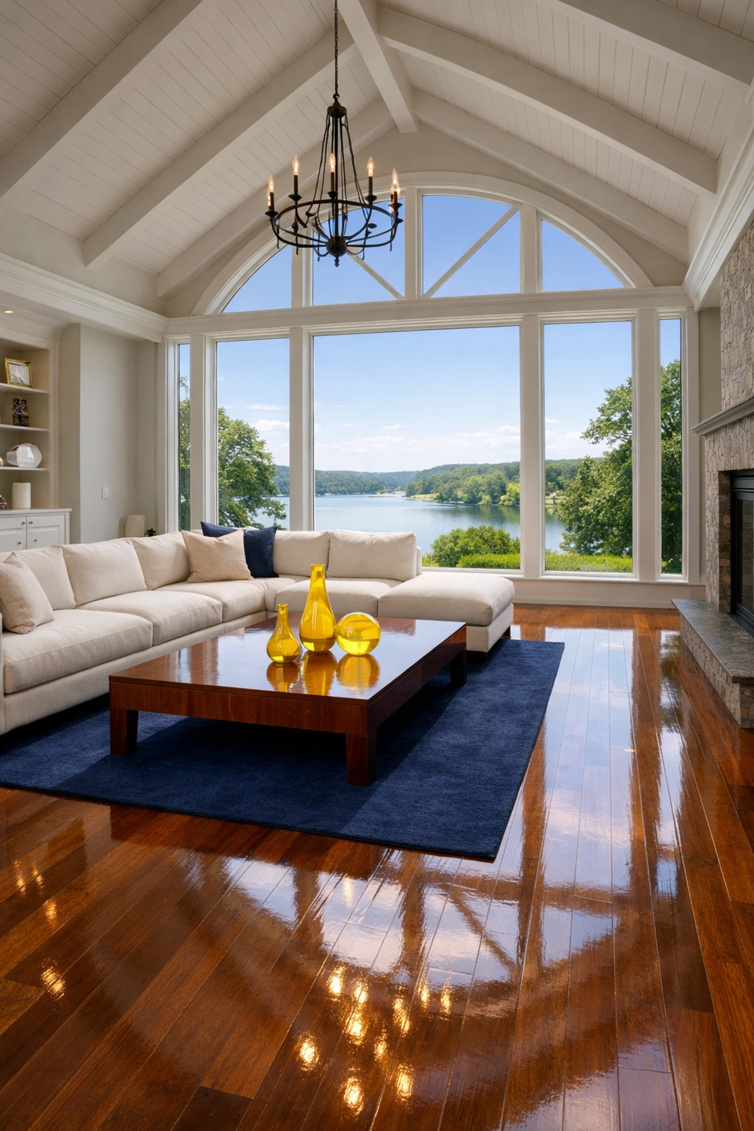 Immaculate Sherborn living room with glossy hardwood floors, demonstrating Sherborn luxury cleaning secrets for estates.