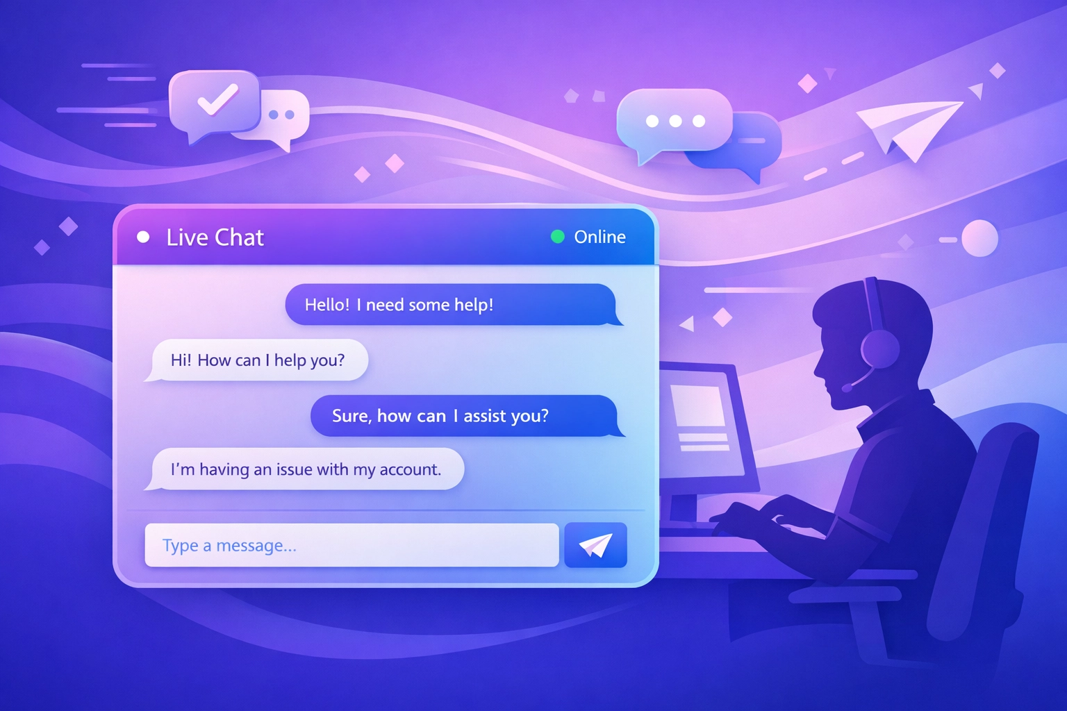 Live chat support interface providing instant technical assistance to business users
