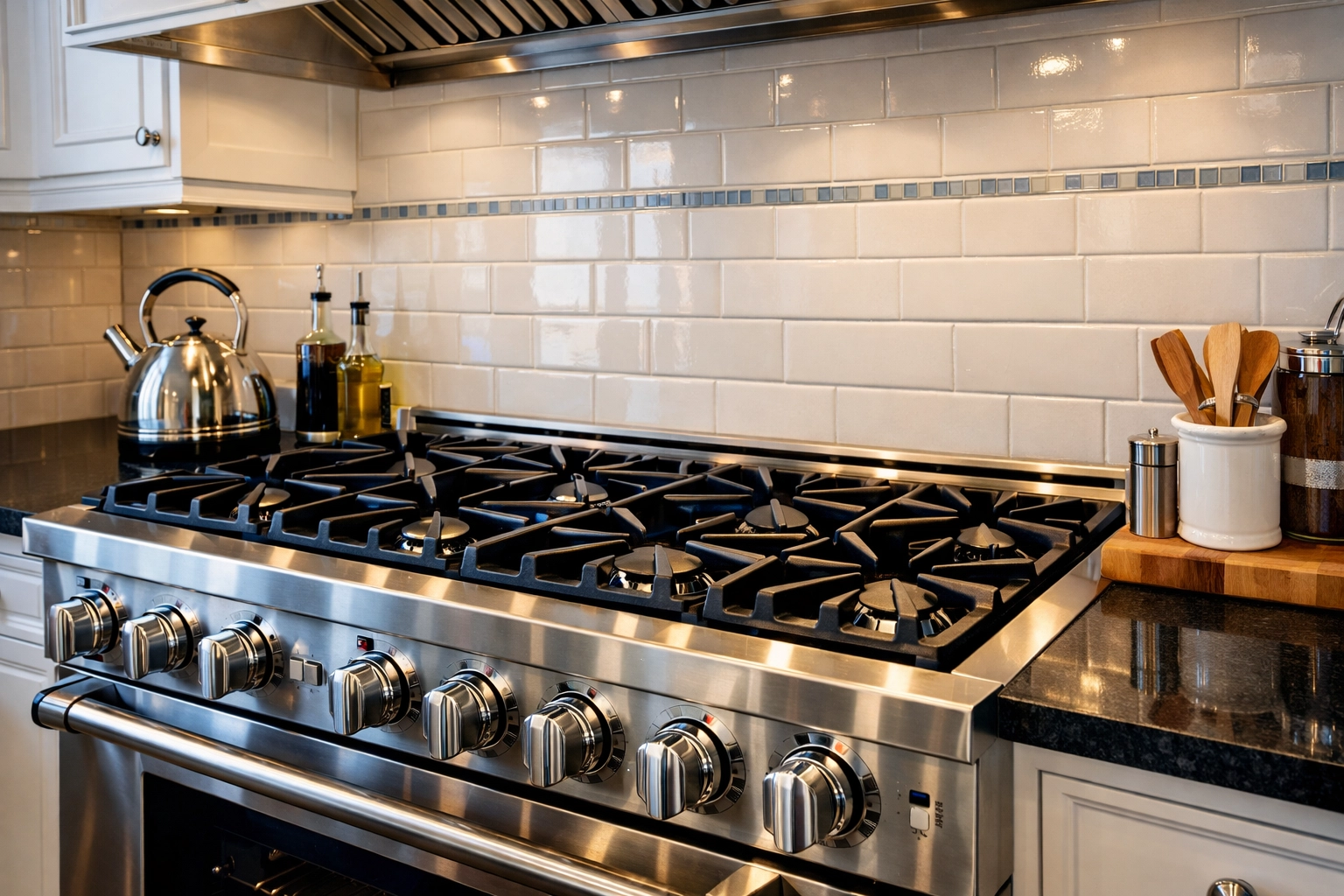 Spotless stainless steel gas range and stovetop after a professional kitchen deep cleaning in Bolton.