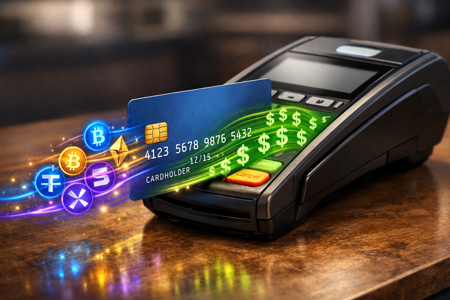 Crypto to fiat conversion through push-to-card payment terminal with LUSD stablecoin instant settlement