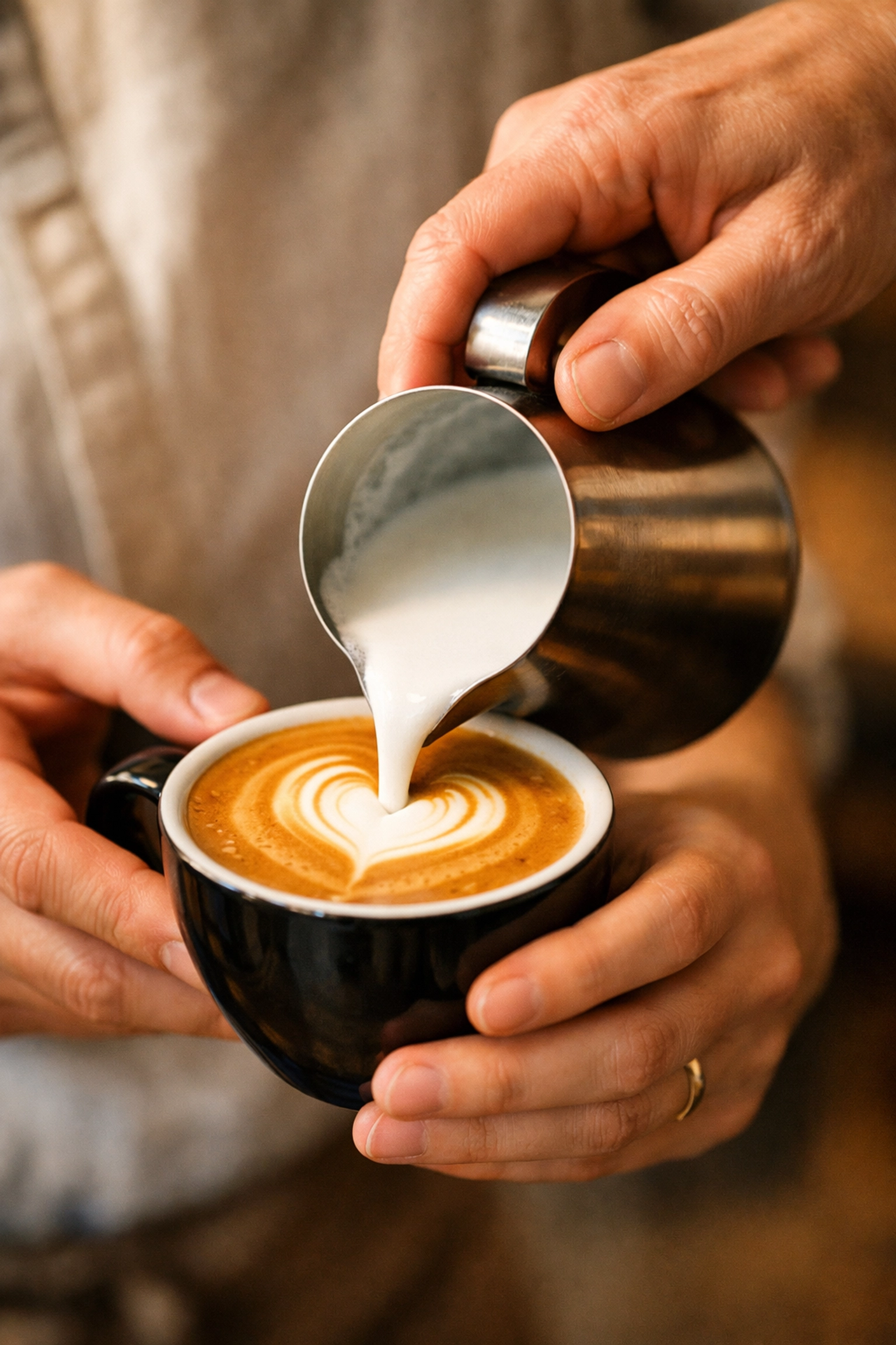 Barista training session showing a professional guiding a trainee pouring latte art into a ceramic cup.