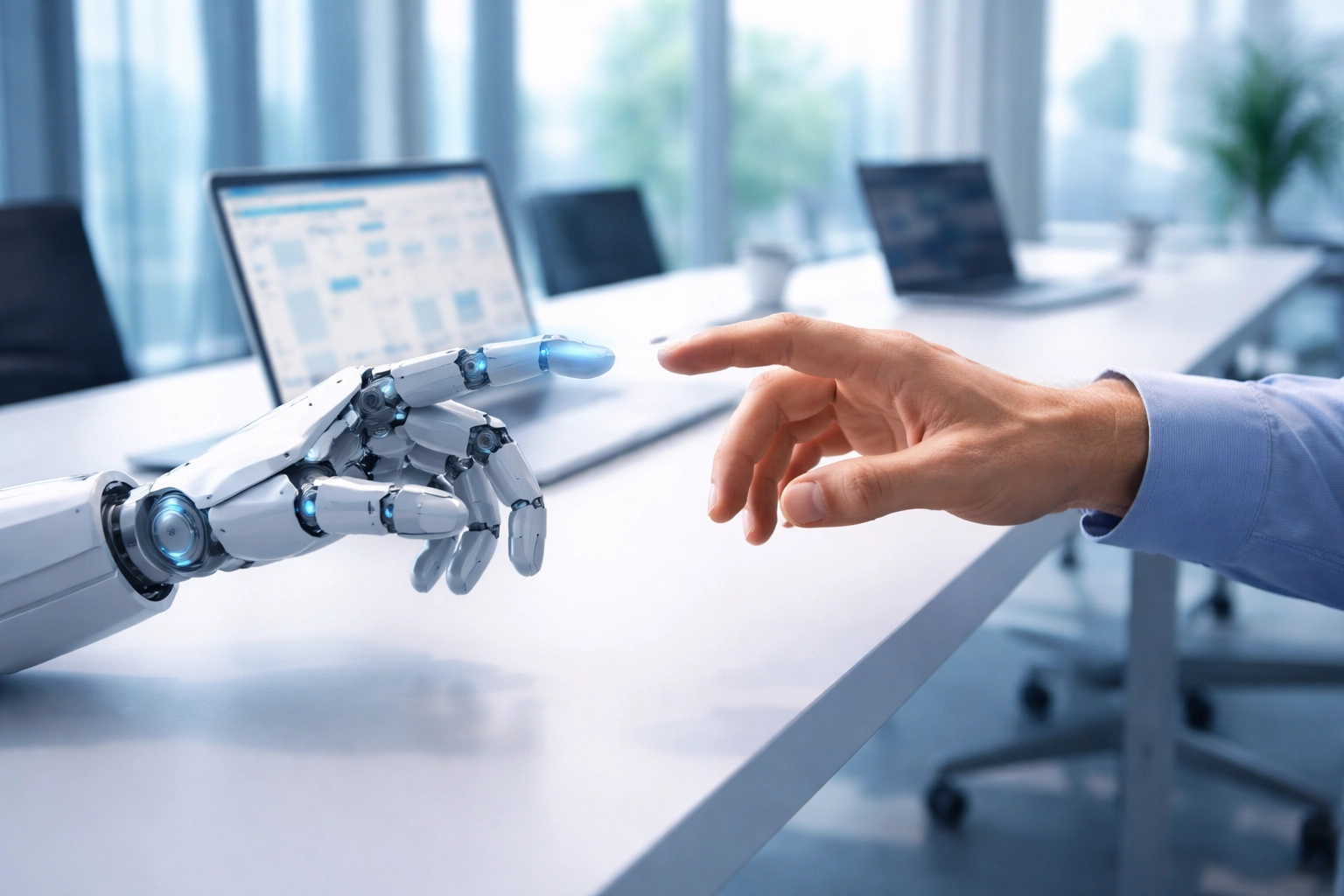 A human and robot hand reaching toward each other across an office table, symbolizing collaboration between AI and IT professionals in agentic workflows.