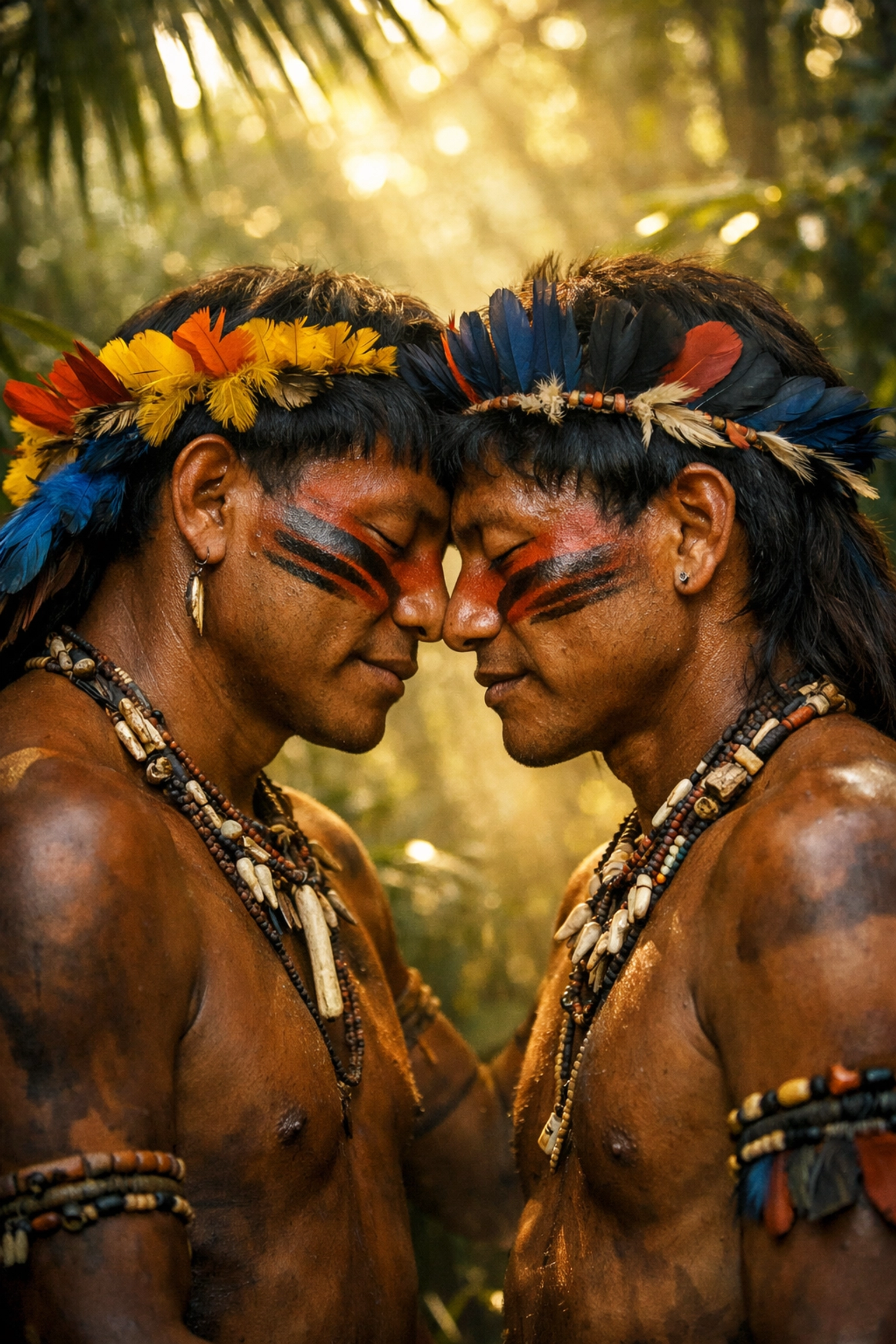 Two Yanomami men in traditional dress sharing intimate spiritual moment in Amazon rainforest
