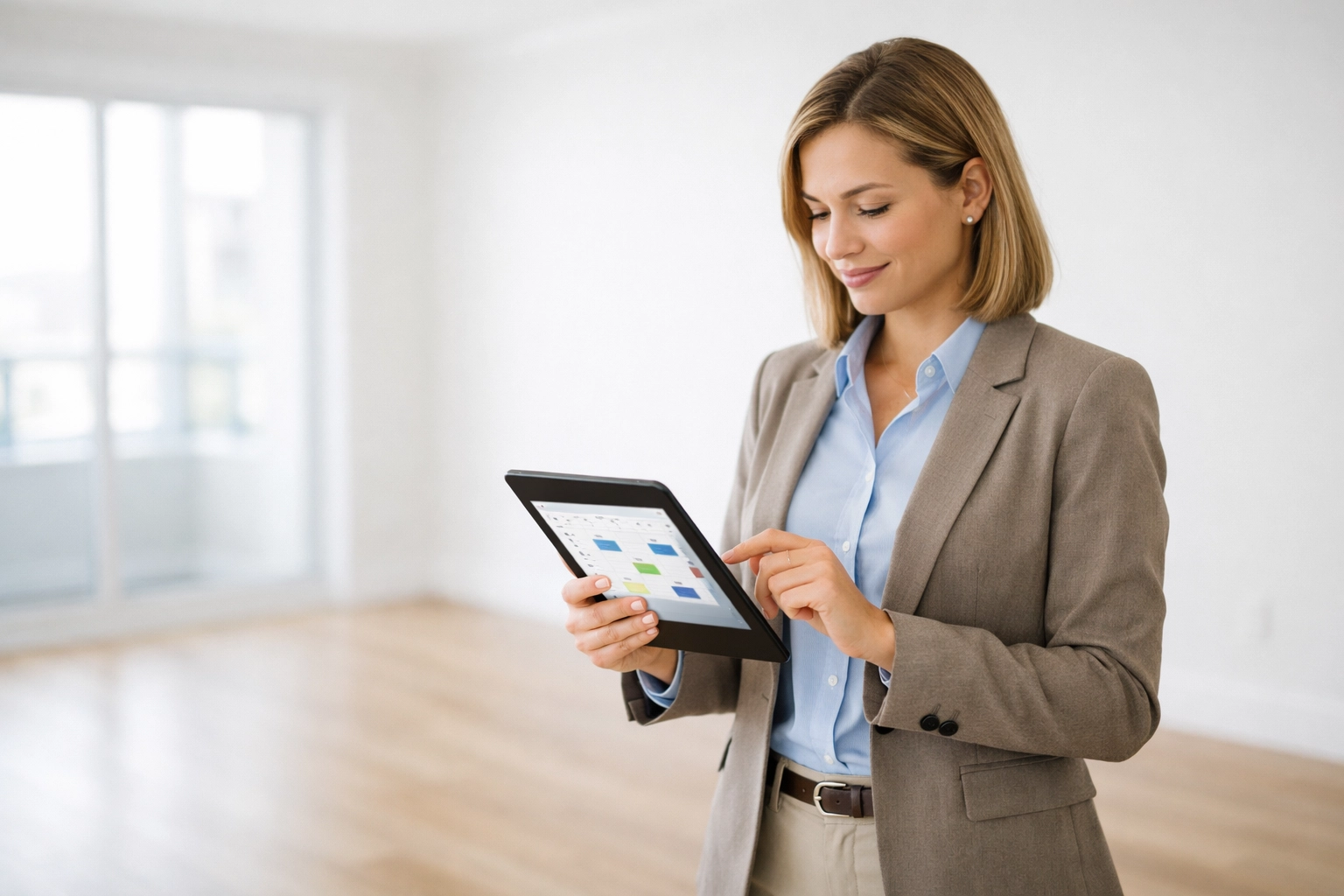 Property manager reviewing digital schedule in vacant apartment unit during make-ready process