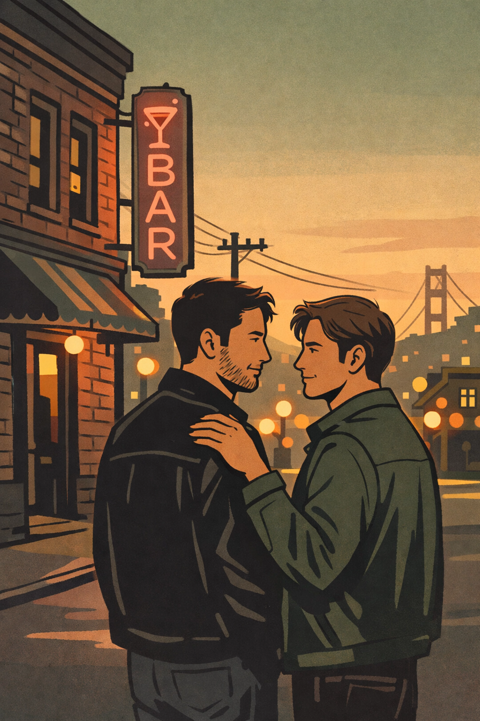 Two men outside historic San Francisco LGBTQ+ bar in South of Market neighborhood at dusk