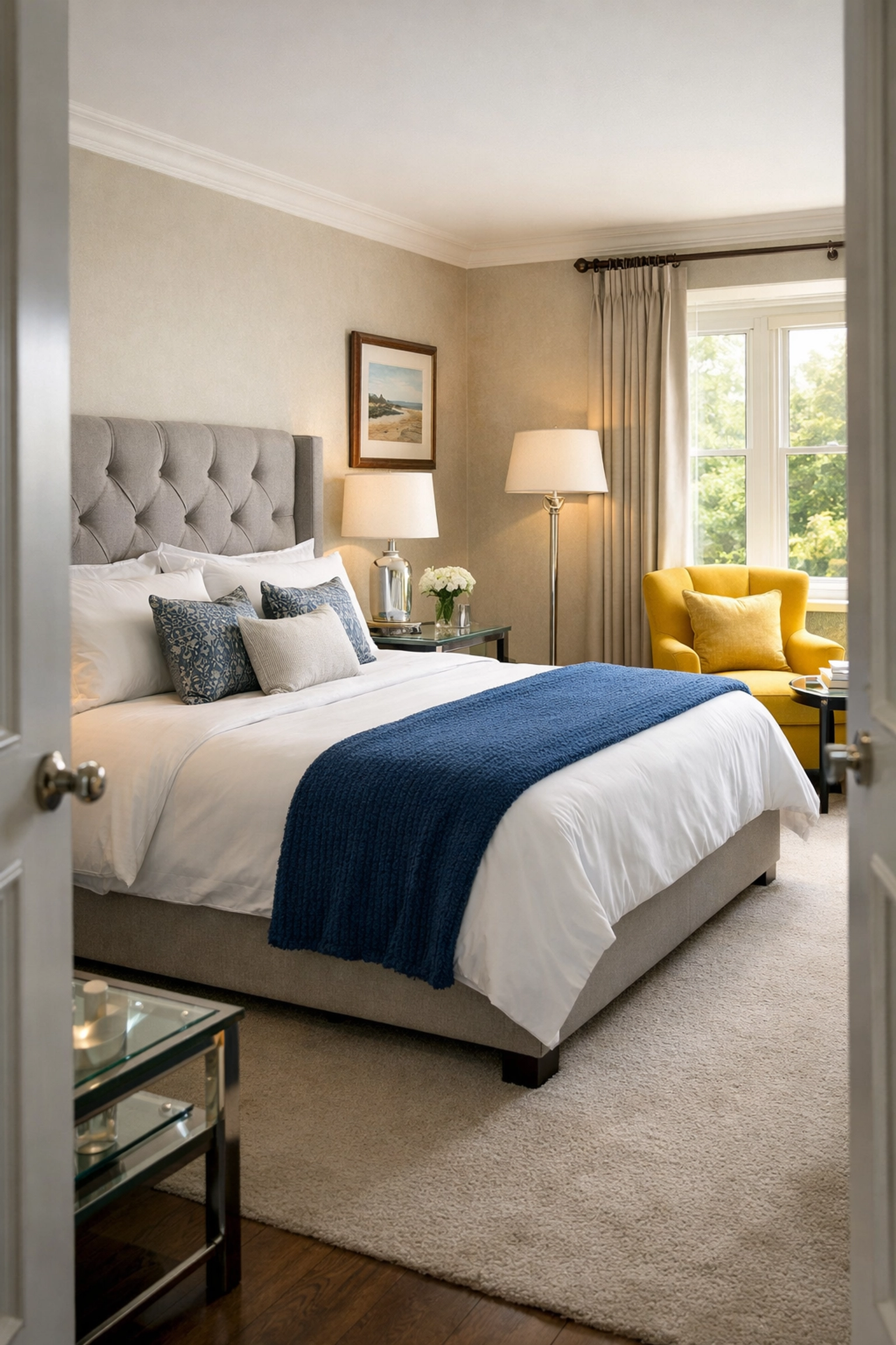 Spotless luxury master bedroom in Norfolk MA cleaned by affordable house cleaning services.