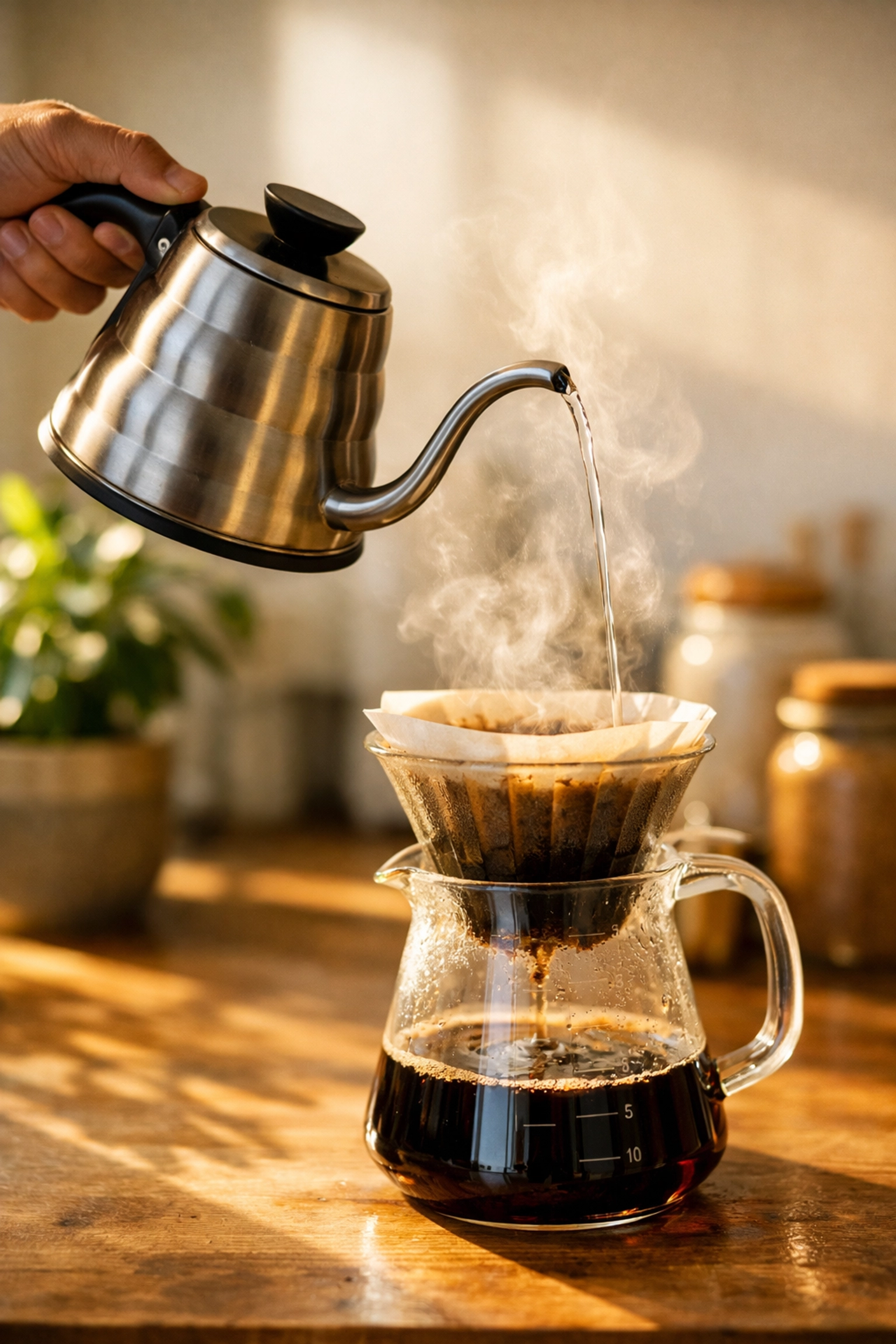 A home barista using a gooseneck kettle to pour hot water for a precise manual coffee brew.