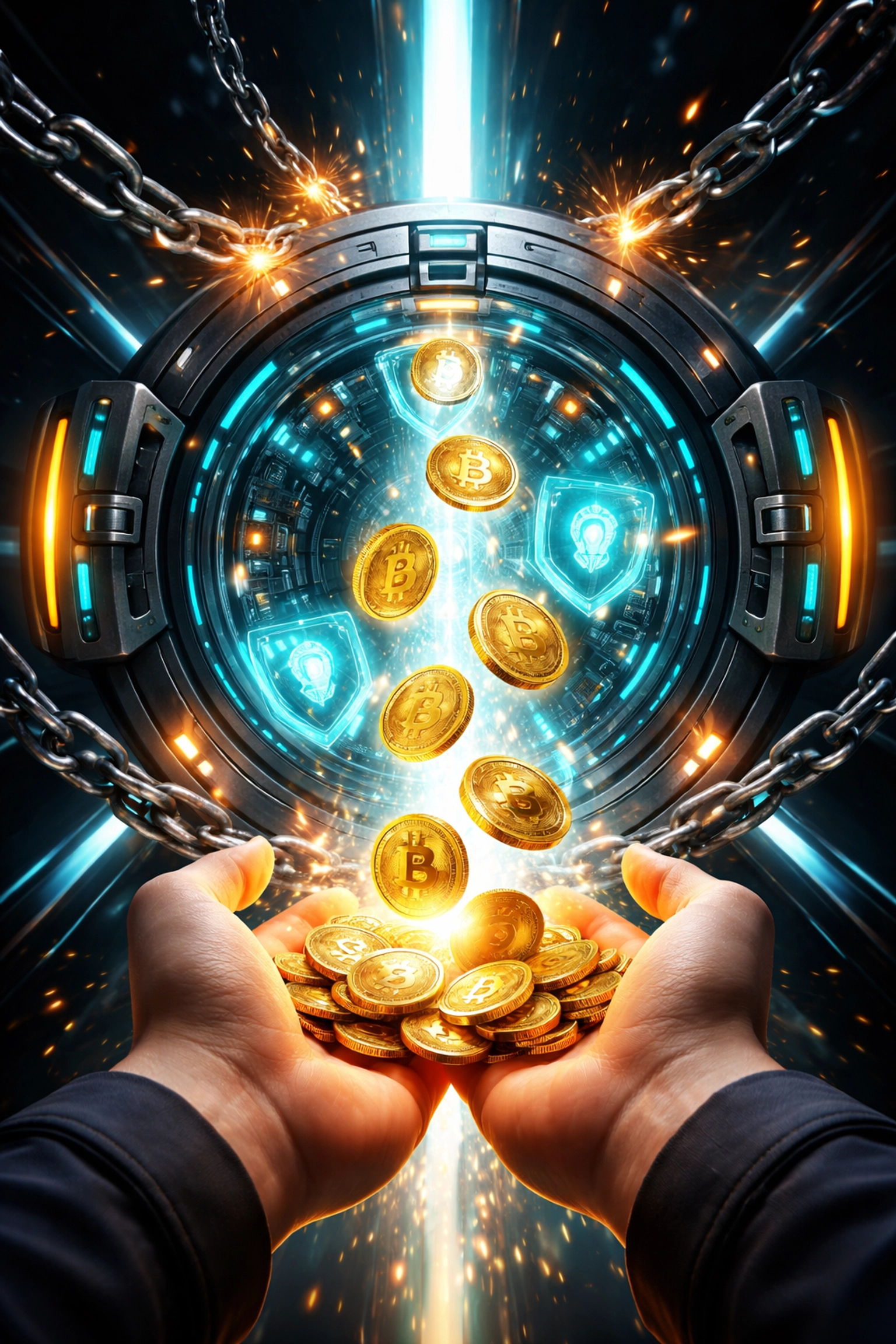 Cryptocurrency coins move directly to a merchant, symbolizing self-custody and bank-free business payments.