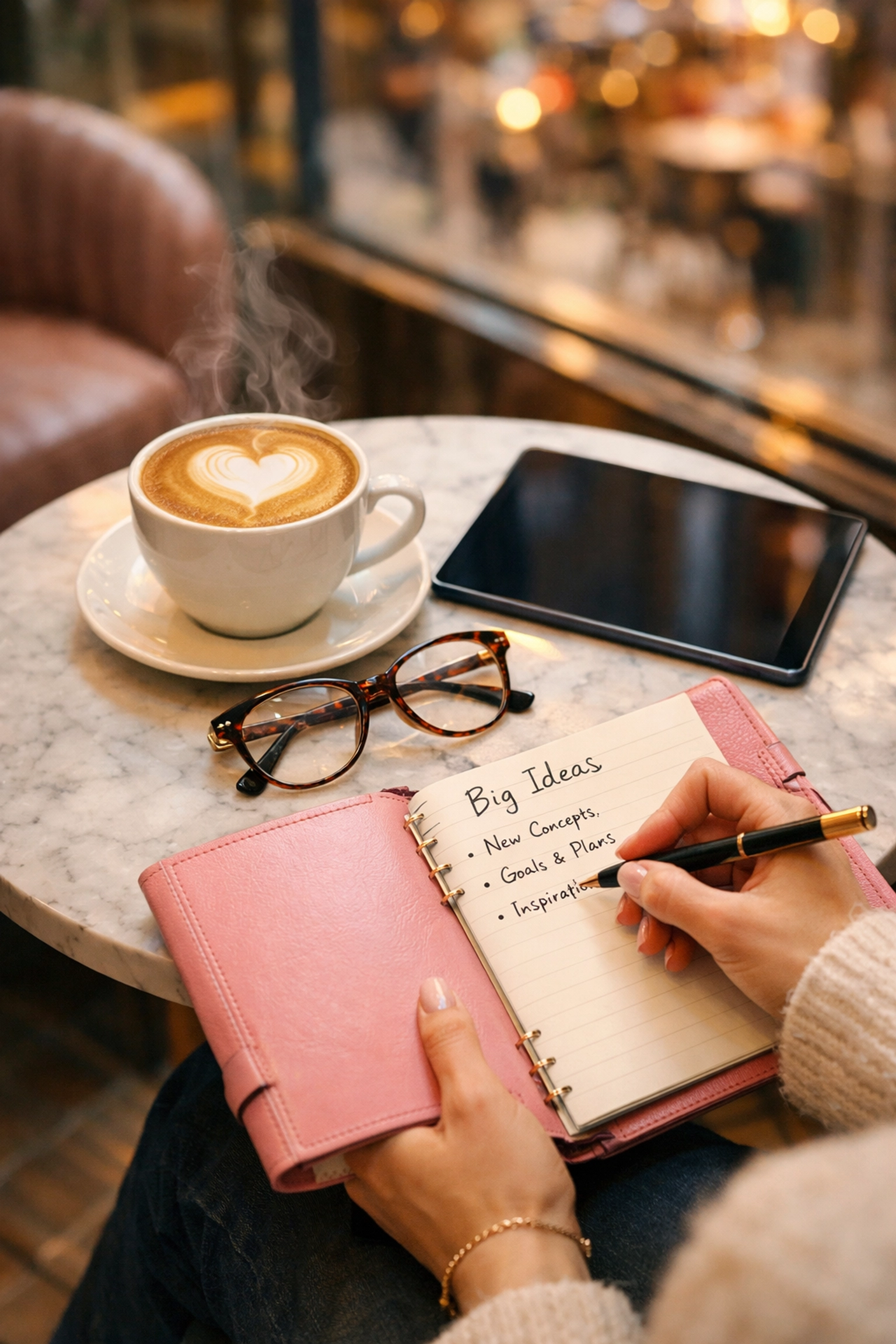 Business owner planning strategic growth in a modern cafe using reclaimed time.