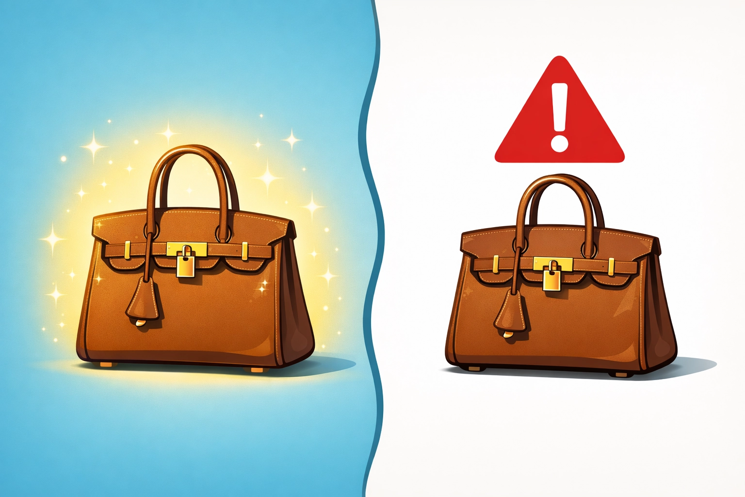 Side-by-side comparison of authentic luxury handbag versus superfake counterfeit