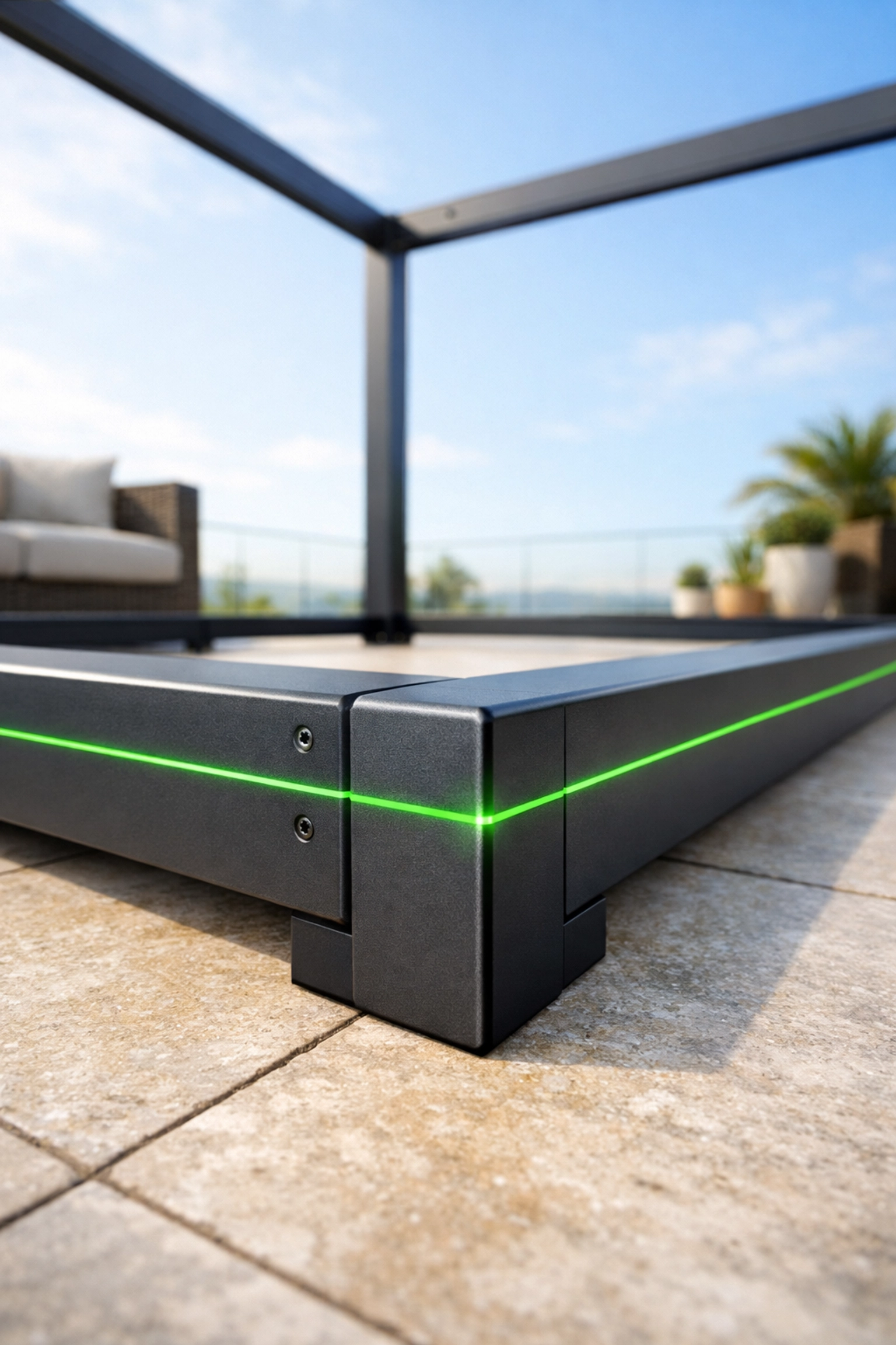 Präzise Montage einer Terrassenüberdachung nach Maß mittels Lasertechnik an einer Aluminium-Eckverbindung.