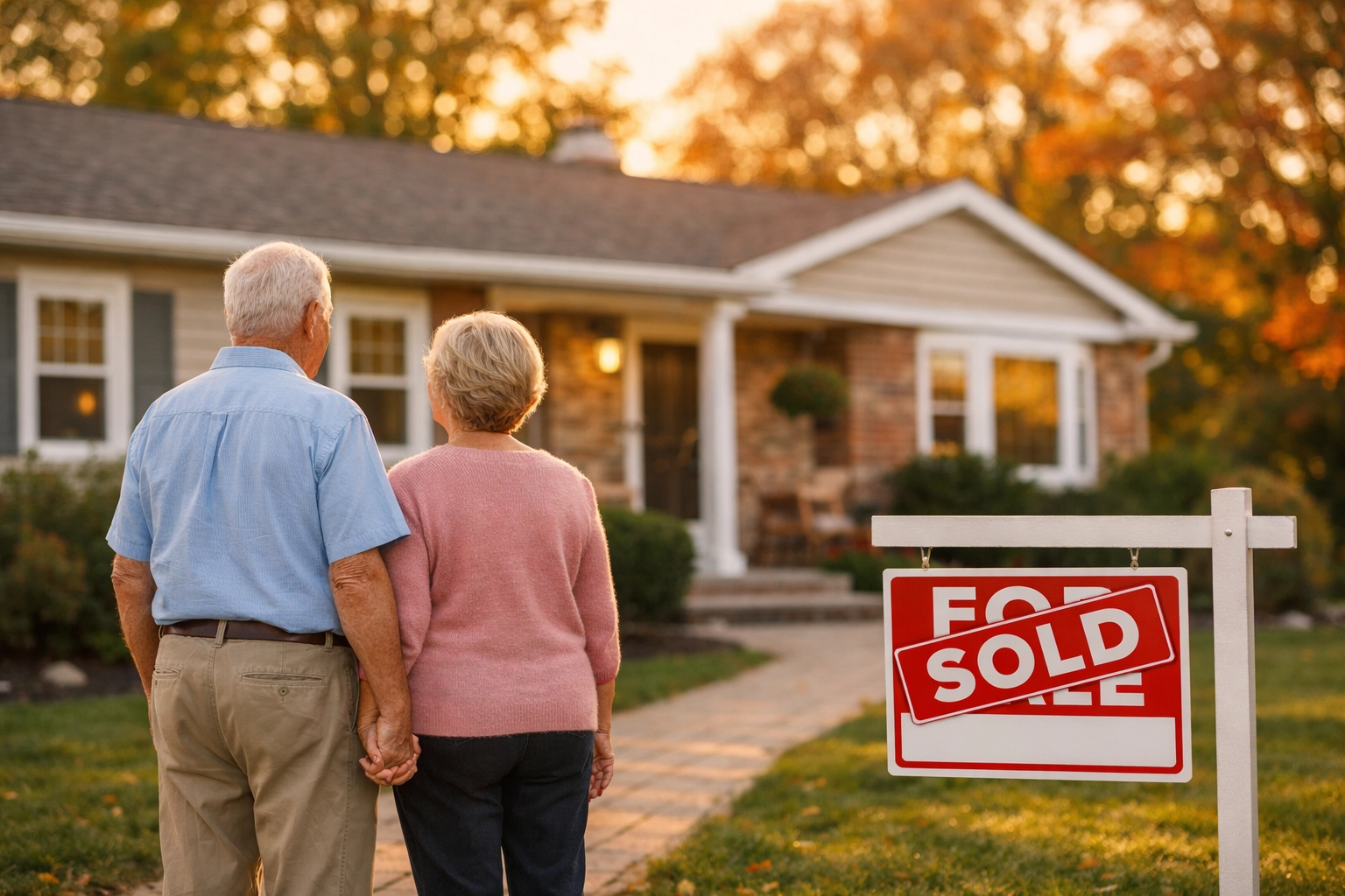 Happy downsizers in front of sold South Jersey home after successful timing-focused sale Happy downsizers in front of sold South Jersey home after successful timing-focused sale