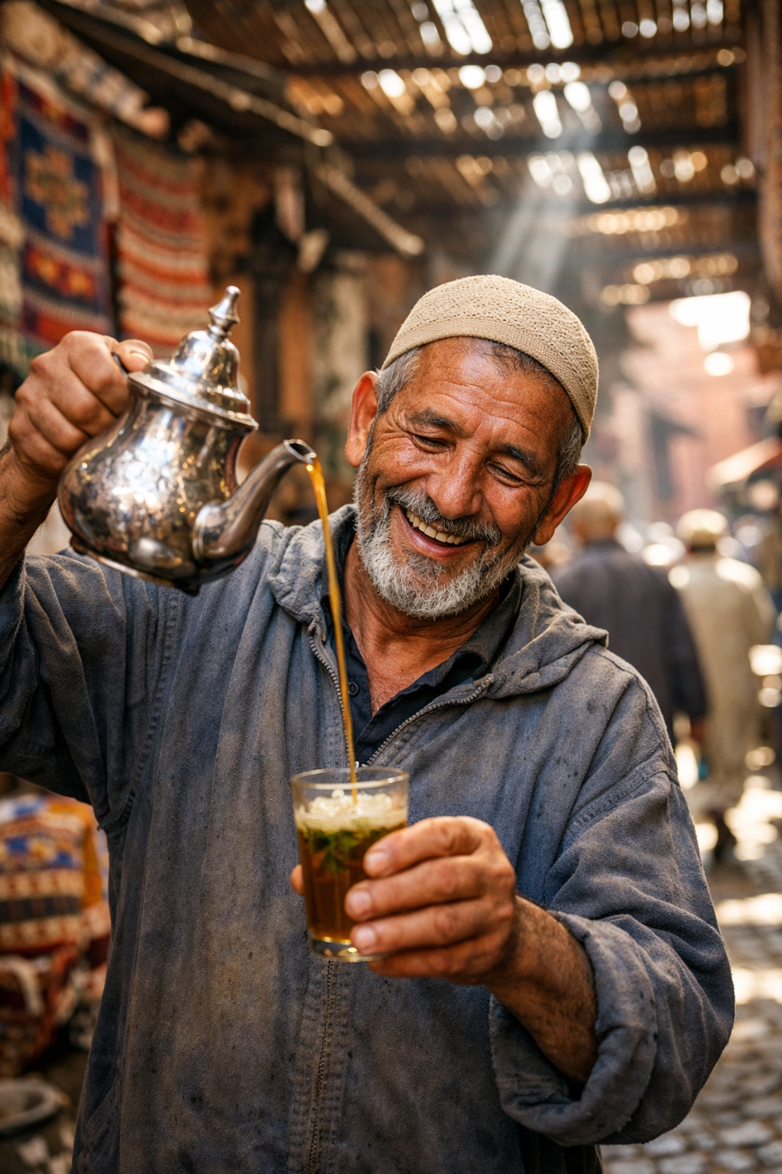 Candid travel photography of an artisan in a Marrakech market, capturing authentic local life and culture.