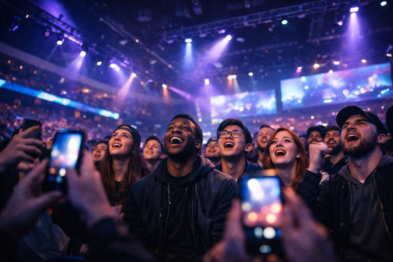 Engaged audience at esports event activation with dynamic lighting and smartphone interaction