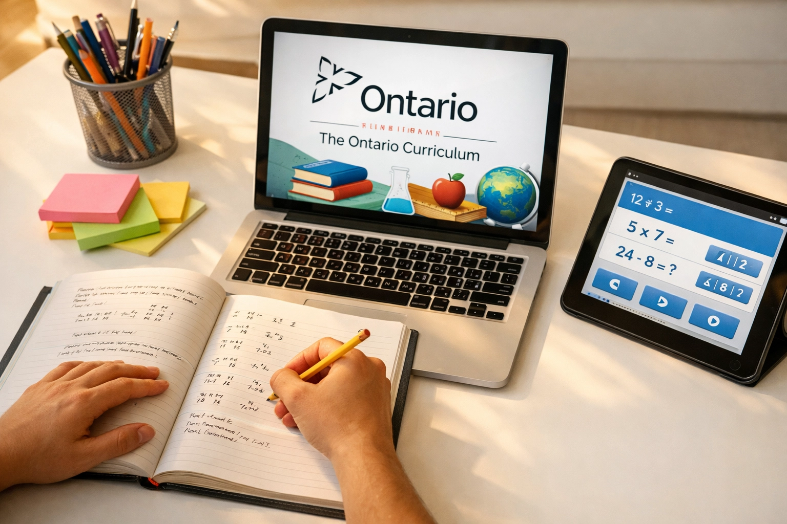 Ontario curriculum materials and workbook showing online tutoring alignment